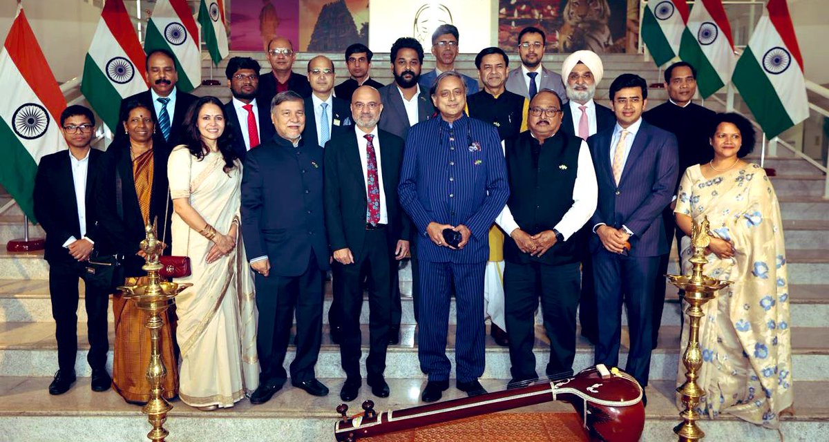 ShashiTharoor's tweet photo. An intense day of meetings in Brazil gave us much to be pleased about — affirmations of solidarity and goodwill for India across the board, both from the highest echelons of government and from the legislature  

Good also to welcome to our team the new Indian Ambassador in Brazil, @dineshBhatia, on his first day at the job! (Thats him next to me in the first pic). We had a brief lunch with him at the Embassy amid our five official meetings (see: group pic with Embassy staff; his Deputy, Sandeep Kujur, with his wife; and the Bahraini Ambassador to Brazil).