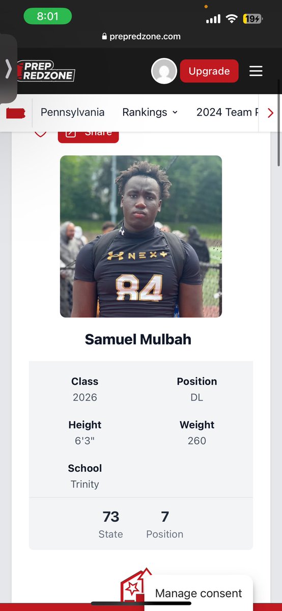 Samuel Mulbah (@samuelmulbah20) on Twitter photo Blessed to be ranked a Top 10 defensive lineman in the state by <a href="/PrepRedzone/">Prep Redzone 🏈</a>!! More work to be done! <a href="/PRZVicCastillo/">VicCastilloPRZ</a> <a href="/EdOBrienCFB/">EdOBrienCFB</a> <a href="/PaFootballNews/">Pennsylvania Football News</a> <a href="/footballcoach79/">coachweider</a> <a href="/Trinity_HSFB/">Trinity High School Football</a> Blessed to be ranked a Top 10 defensive lineman in the state by <a href="/PrepRedzone/">Prep Redzone 🏈</a>!! More work to be done! <a href="/PRZVicCastillo/">VicCastilloPRZ</a> <a href="/EdOBrienCFB/">EdOBrienCFB</a> <a href="/PaFootballNews/">Pennsylvania Football News</a> <a href="/footballcoach79/">coachweider</a> <a href="/Trinity_HSFB/">Trinity High School Football</a>