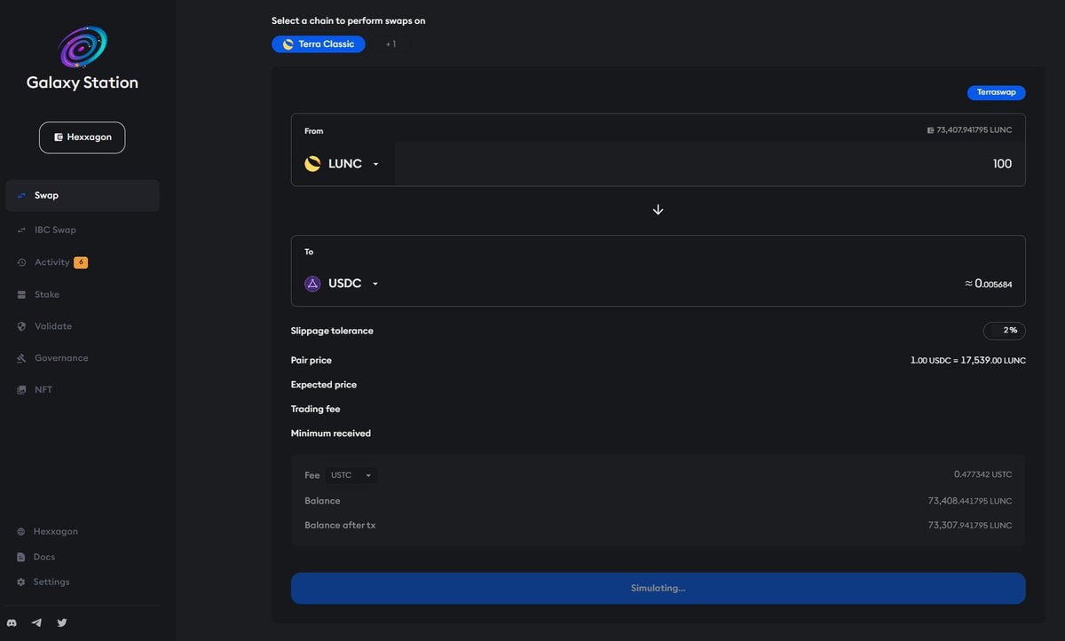VegasMorph's tweet image. 🚨 Big news for #LUNC holders!
You can now swap $LUNC &amp;lt;&amp;gt; $USDC directly on Galaxy Station 🌌⚡️

Fast, seamless, and decentralized.
Try it now and level up your trading experience.

#GalaxyStation #TerraClassic #CryptoSwaps #DeFi