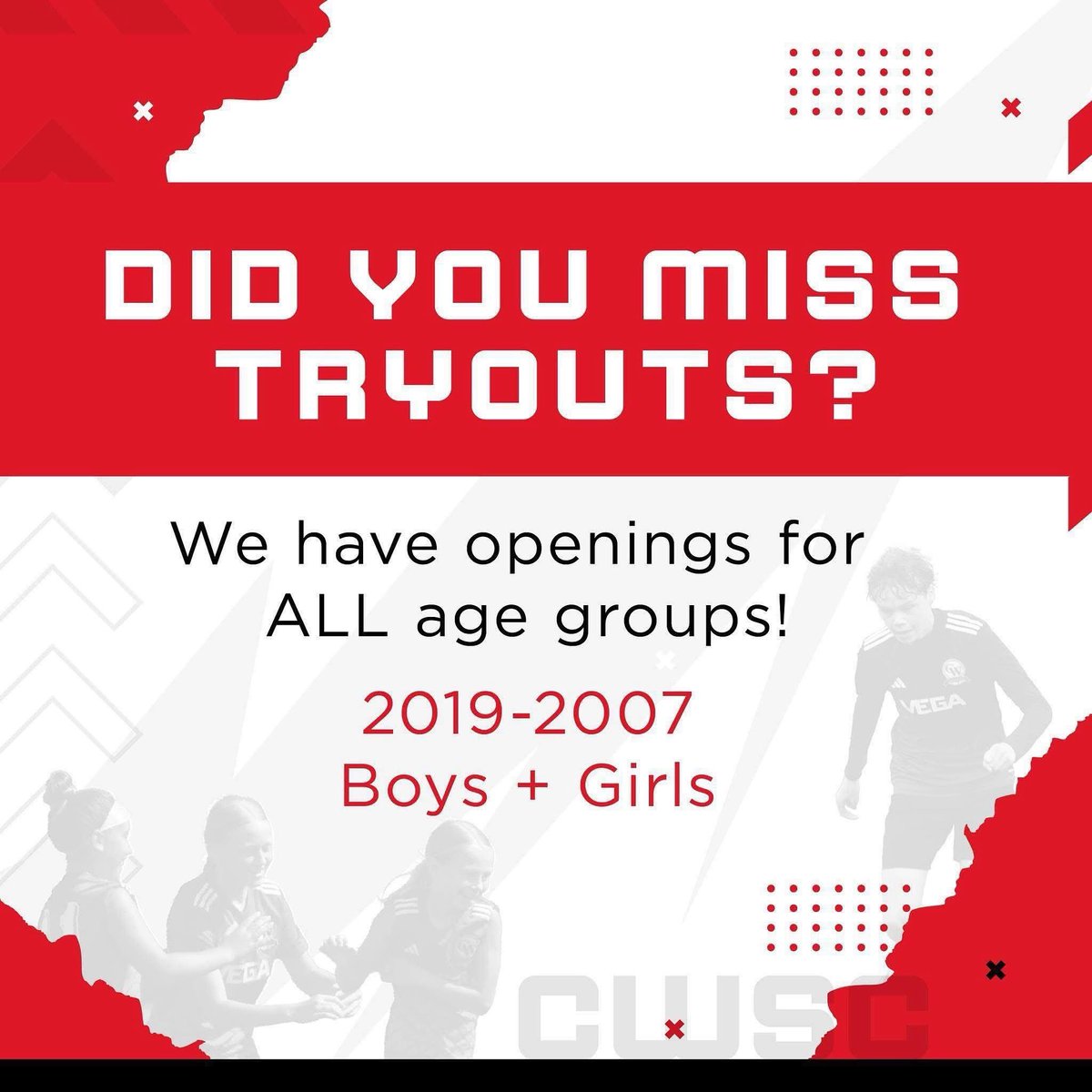 CWSC (@cincinnatiwest) on Twitter photo Missed Tryouts?
No problem! You can still get placed on a team.
Contact our Executive Director: spraulk@gmail.com
We do have a few age groups that have immediate needs..
Birth Years:
G2018/G2019
G2016
G2015/G2014
G2010/G2009
B2018/B2019
B2016
B2013
B2010 GK Missed Tryouts?
No problem! You can still get placed on a team.
Contact our Executive Director: spraulk@gmail.com
We do have a few age groups that have immediate needs..
Birth Years:
G2018/G2019
G2016
G2015/G2014
G2010/G2009
B2018/B2019
B2016
B2013
B2010 GK