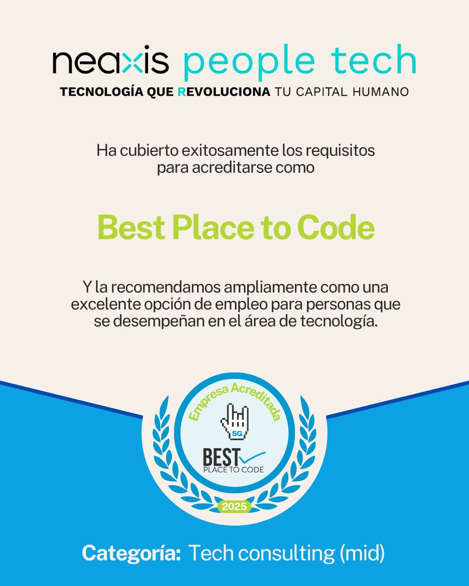 Una nueva empresa acaba de unirse al selecto grupo de organizaciones donde realmente da gusto trabajar, y eso significa que cumple con lo que tú valoras. Conócela aquí: bestplacetocode.com/companies/neax…