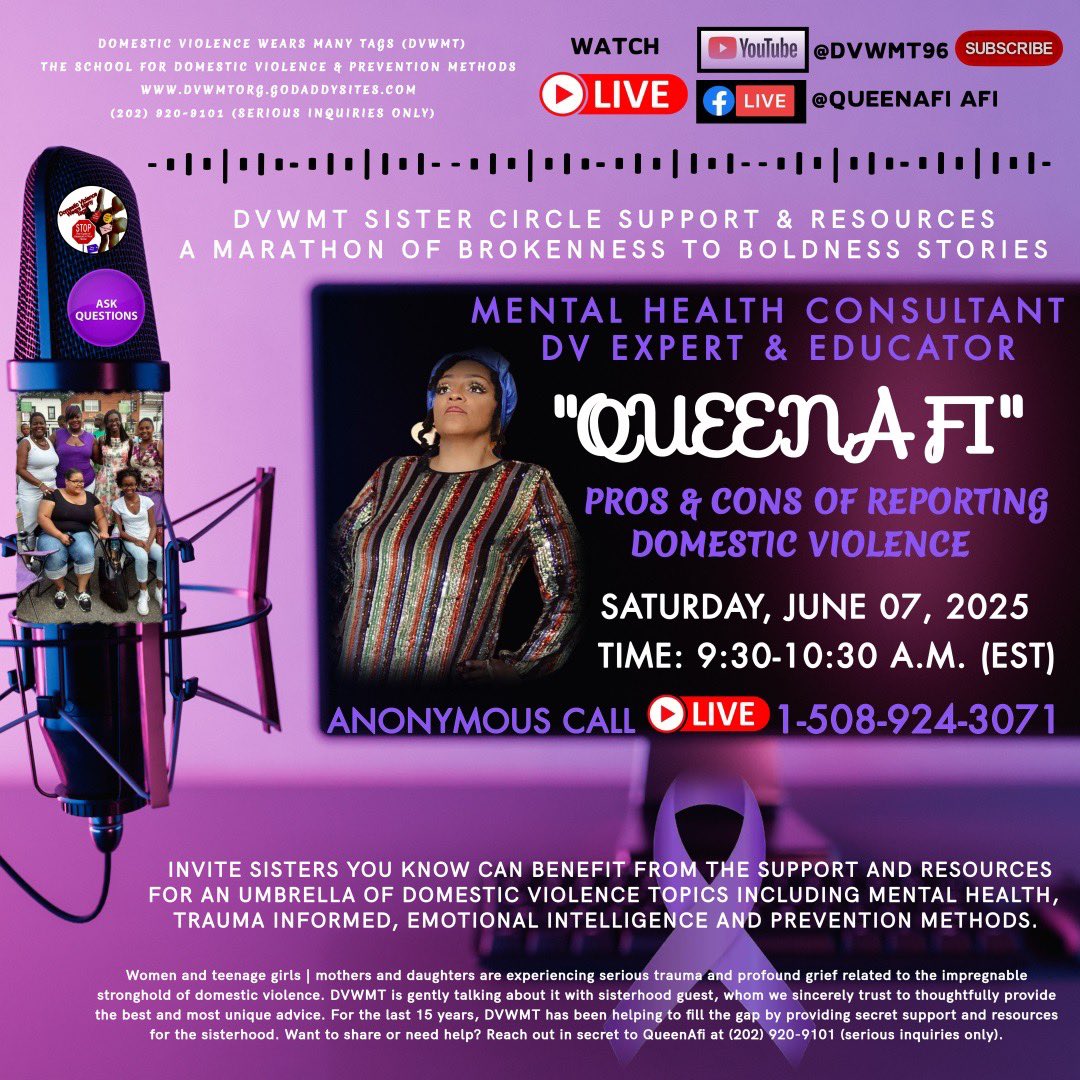 #COMMUNITYSUPPORT💯 #THANKFULTUESDAY DVWMT WOMEN &amp; TEENAGE GIRLS SISTER CIRCLE | ANONYMOUS SUPPORT &amp; RESOURCES CALL | WITH GUEST SURVIVOR DIVA, <a href="/QueenAfi/">QueenAfi</a>, MENTAL HEALTH CONSULTANT | TOPIC: "PROS &amp; CONS OF REPORTING DOMESTIC VIOLENCE" #SETYOURREMINDER📍