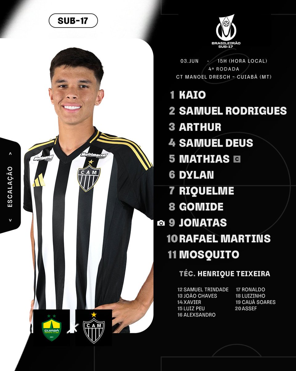 💪🐔 O #Galo está definido para enfrentar o Cuiabá, pela 4ª rodada do Campeonato Brasileiro Sub-17!

📺 Transmissão ao vivo, às 16h (horário de Brasília), pela TV Cuiabá, no YouTube.

#CriasDoGalo #CampeonatoBrasileiroSub17 #Sub17 #CUIxCAM 🏴🏳