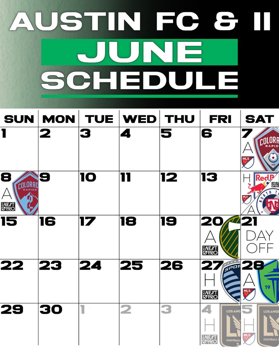 WAATV Media (@weareaustintv) on Twitter photo Here is your <a href="/AustinFC/">Austin FC</a> & <a href="/AustinFCII/">Austin FC II</a> schedules for the month of June and the first weekend of July… 🌳🌳
How many points do you think the first team will get this month? 🤔
#austinfc #verde | <a href="/VerdeNationATX/">Verde Nation</a> Here is your <a href="/AustinFC/">Austin FC</a> & <a href="/AustinFCII/">Austin FC II</a> schedules for the month of June and the first weekend of July… 🌳🌳
How many points do you think the first team will get this month? 🤔
#austinfc #verde | <a href="/VerdeNationATX/">Verde Nation</a>