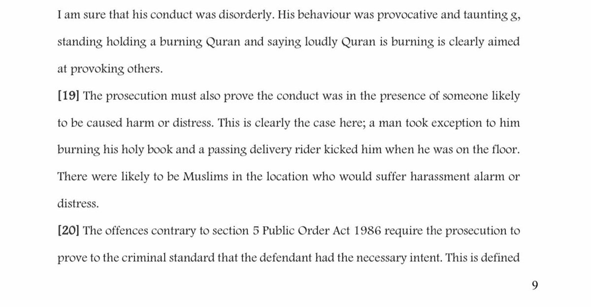 DrewPavlou's tweet photo. Amazing ruling in the UK in Quran burning case (Hamit Coskun). 

“A passing delivery rider kicked him when he was on the floor” - this proves that burning the Quran causes harm and distress. 

The fact that he was unlawfully assaulted means that he was to blame. https://t.co/abJO1A99dM