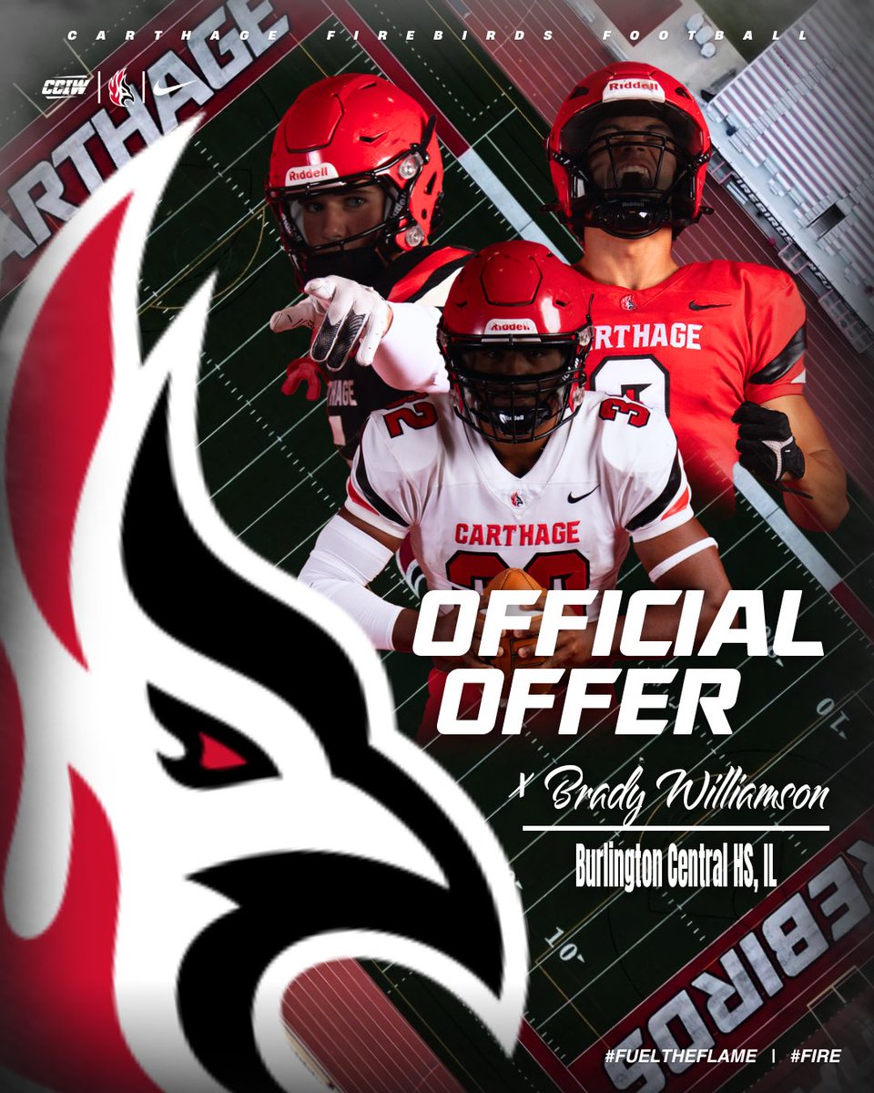 Brady Williamson (@bradywilliamso) on Twitter photo After a great phone call with <a href="/CoachPopino/">Matthew Popino</a>, am I honored to receive an offer to <a href="/Firebirds_FB/">Carthage College Football</a>! Excited to come back out to campus this fall for a gameday! <a href="/CoachKruse62/">Rob Kruse</a> <a href="/OLine_TEK/">Jeff Duvendeck</a> <a href="/Coach_Yos/">Brian Iossi</a> <a href="/CHSFootball100/">Central Rockets - Football</a> <a href="/PrepRedzoneIL/">Prep Redzone Illinois</a> <a href="/FISTFootball/">FIST FootballAcademy</a> <a href="/EDGYTIM/">Timothy “EDGYTIM” OHalloran</a> <a href="/DeepDishFB/">DEEP DISH FOOTBALL</a> <a href="/scottybscout/">Scott Burgess</a> After a great phone call with <a href="/CoachPopino/">Matthew Popino</a>, am I honored to receive an offer to <a href="/Firebirds_FB/">Carthage College Football</a>! Excited to come back out to campus this fall for a gameday! <a href="/CoachKruse62/">Rob Kruse</a> <a href="/OLine_TEK/">Jeff Duvendeck</a> <a href="/Coach_Yos/">Brian Iossi</a> <a href="/CHSFootball100/">Central Rockets - Football</a> <a href="/PrepRedzoneIL/">Prep Redzone Illinois</a> <a href="/FISTFootball/">FIST FootballAcademy</a> <a href="/EDGYTIM/">Timothy “EDGYTIM” OHalloran</a> <a href="/DeepDishFB/">DEEP DISH FOOTBALL</a> <a href="/scottybscout/">Scott Burgess</a>
