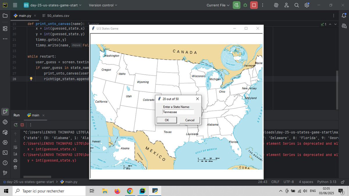 ThegamerZed's tweet photo. #100DaysOfCode 
Day 25/100: Today I Built a USA states guessing game using Python Learned how to read and filter CSV data with Pandas and Turtle libraries. The game asks for a U.S. state name, and when correct, it marks it on the map! fun way to mix data + graphics + analysis. https://t.co/xGby7TKCiT