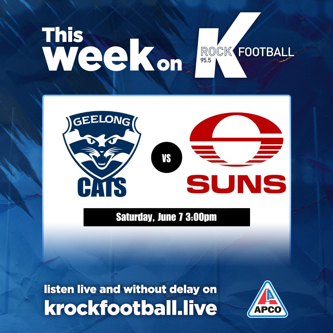 🏉 ROUND 13 🏉

<a href="/GeelongCats/">Geelong Cats</a> vs. <a href="/GoldCoastSUNS/">Gold Coast Suns</a> 

Proudly presented by APCO Service Stations

🏟 GMHBA Stadium
⏰ 3:00 pm
📻 FM 95.5
📱  krockfootball.live (with delay feature for TV syncing)
💻 AFL app
🎙 Tom King, Ben Casanelia, Zach Tuohy, Jason Doherty