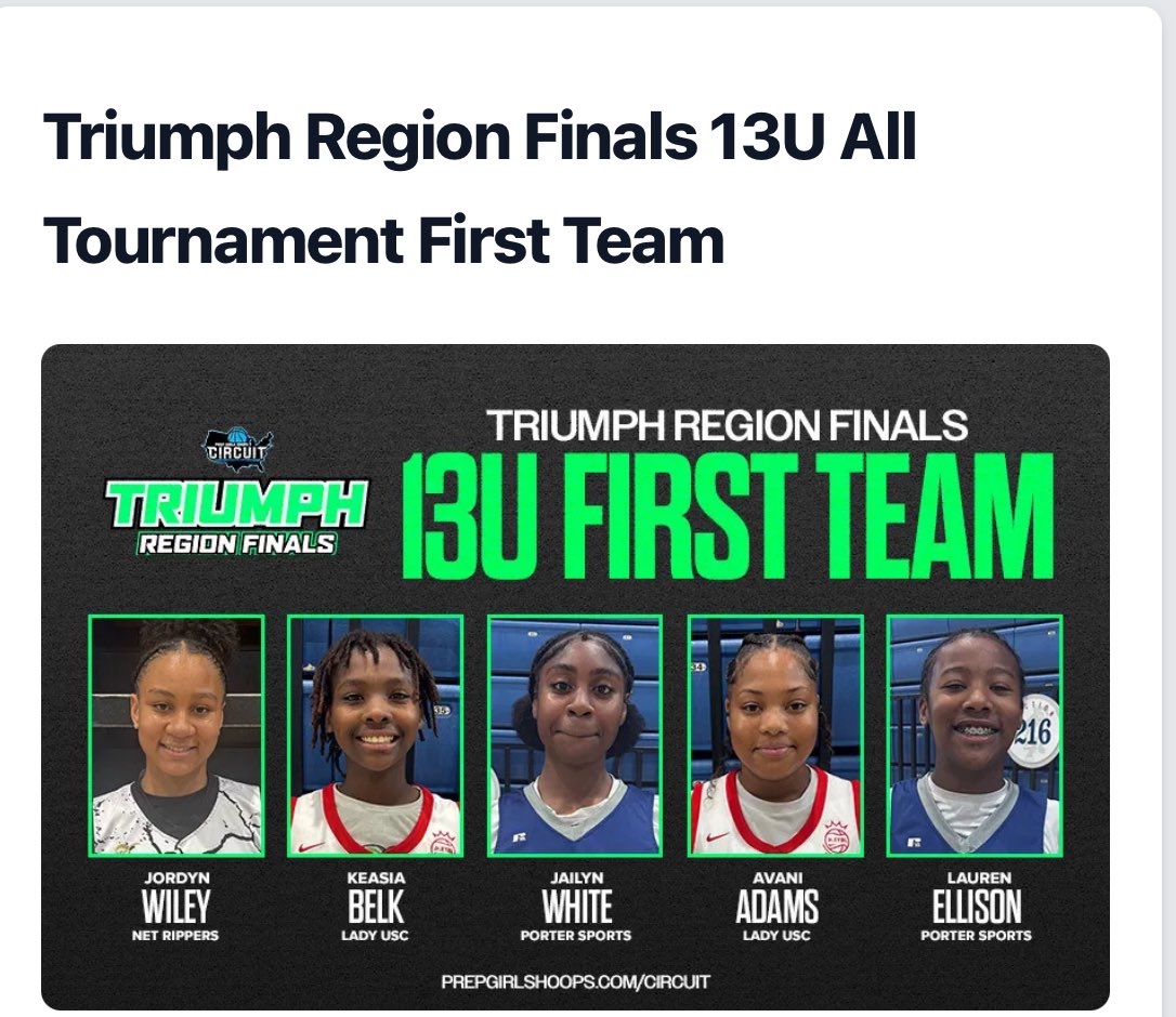 Shayla Smith (@coachshaysmith) on Twitter photo #PGHTriumphFinals All Tournament First Team 13U โ
๐ฅ๐ฌ๐ฅ๐ผ๐ฆ
<a href="/AkiemBailum/">๐๐ธ๐ถ๐ฒ๐บ ๐จ๐พโ๐ป๐๐ฅ๐ฐ๐บ๐ธ</a> <a href="/BFishHoops/">Brandon Fisher</a> <a href="/dpthecoach/">Darion</a> <a href="/LadyTusc/">LadyTUSC</a> <a href="/PorterSports1/">Porter Sports</a> <a href="/PGHCircuit/">Prep Girls Hoops Circuit ๐</a> <a href="/PGH_Georgia/">Prep Girls Hoops Georgia</a>
prepgirlshoops.com/2025/06/triumpโฆ #PGHTriumphFinals All Tournament First Team 13U โ
๐ฅ๐ฌ๐ฅ๐ผ๐ฆ
<a href="/AkiemBailum/">๐๐ธ๐ถ๐ฒ๐บ ๐จ๐พโ๐ป๐๐ฅ๐ฐ๐บ๐ธ</a> <a href="/BFishHoops/">Brandon Fisher</a> <a href="/dpthecoach/">Darion</a> <a href="/LadyTusc/">LadyTUSC</a> <a href="/PorterSports1/">Porter Sports</a> <a href="/PGHCircuit/">Prep Girls Hoops Circuit ๐</a> <a href="/PGH_Georgia/">Prep Girls Hoops Georgia</a>
prepgirlshoops.com/2025/06/triumpโฆ