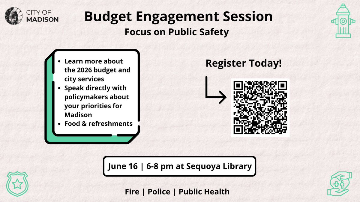 Madison Fire Dept. (@madisonwifire) on Twitter photo The <a href="/CityofMadison/">City of Madison, Wisconsin</a> is hosting a budget engagement session focused on Public Safety. Join us Monday, June 16, 6-8 PM at Sequoya Library (4340 Tokay Blvd). Speak directly with policymakers about your ideas, concerns, and priorities.
Register here: cityofmadison.com/mayor/events/2⦠The <a href="/CityofMadison/">City of Madison, Wisconsin</a> is hosting a budget engagement session focused on Public Safety. Join us Monday, June 16, 6-8 PM at Sequoya Library (4340 Tokay Blvd). Speak directly with policymakers about your ideas, concerns, and priorities.
Register here: cityofmadison.com/mayor/events/2ā¦
