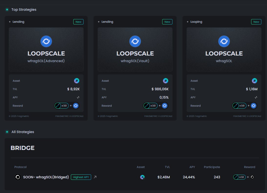<a href="/fragmetric/">Fragmetric</a> <a href="/sangdotsol/">sang.sol | Fragmetric</a> <a href="/soon_svm/">SOON - Solana Optimistic Network (Mainnet Arc)</a> <a href="/solana/">Solana</a> <a href="/ExponentFinance/">Exponent</a> <a href="/RateX_Dex/">RateX</a> <a href="/LoopscaleLabs/">Loopscale</a> <a href="/PingNetwork_io/">Ping Network</a> 8/..Existem inúmeras opções de você resntabilizar seus ativos, opções defi diversas para: Bridge, Looping, YIELD TRADING, LIQUIDITY, LENDING- Fragmetric tem se integrado a várias plataformas DeFi, permitindo que seus ativos, como $fragSOL, $PT-fragSOL e $wfragSOL, sejam usados 👇