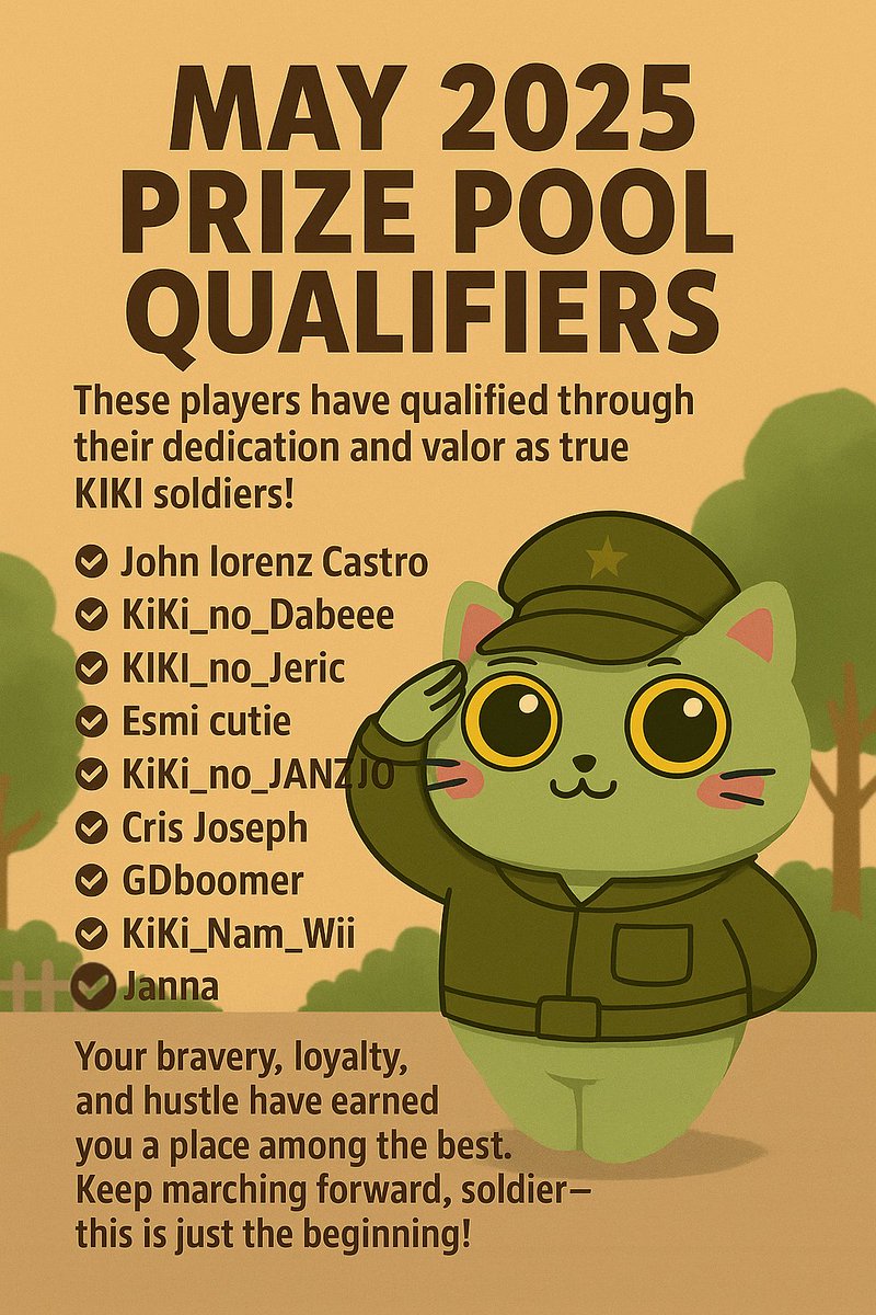 🎖 KIKI MAY 2025 🎖
Big salute to our qualified soldiers—recognized for their loyalty, effort, and true KIKI spirit! 💛

“Your bravery and hustle earned you this. Keep marching—this is just the beginning!”

PRIZE POOL: $190.70