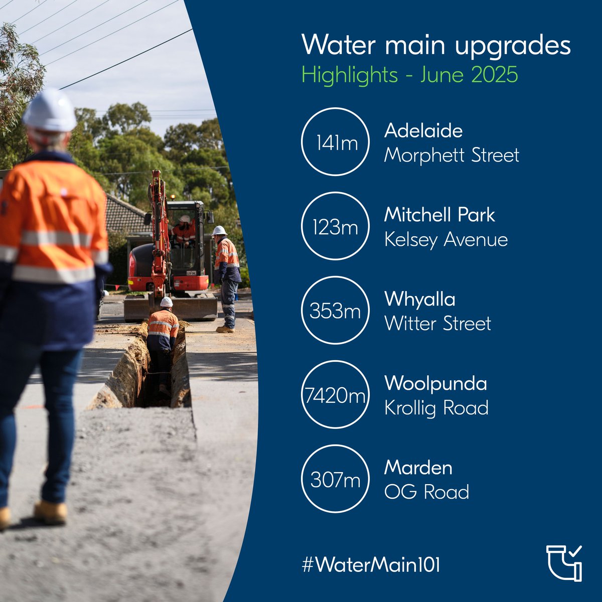We’re installing new water mains at locations across South Australia this month, ensuring a continued reliable water supply for local communities. 💧

Keep an eye out for our crews who will be working from Whyalla to Woolpunda upgrading pipes in the street.