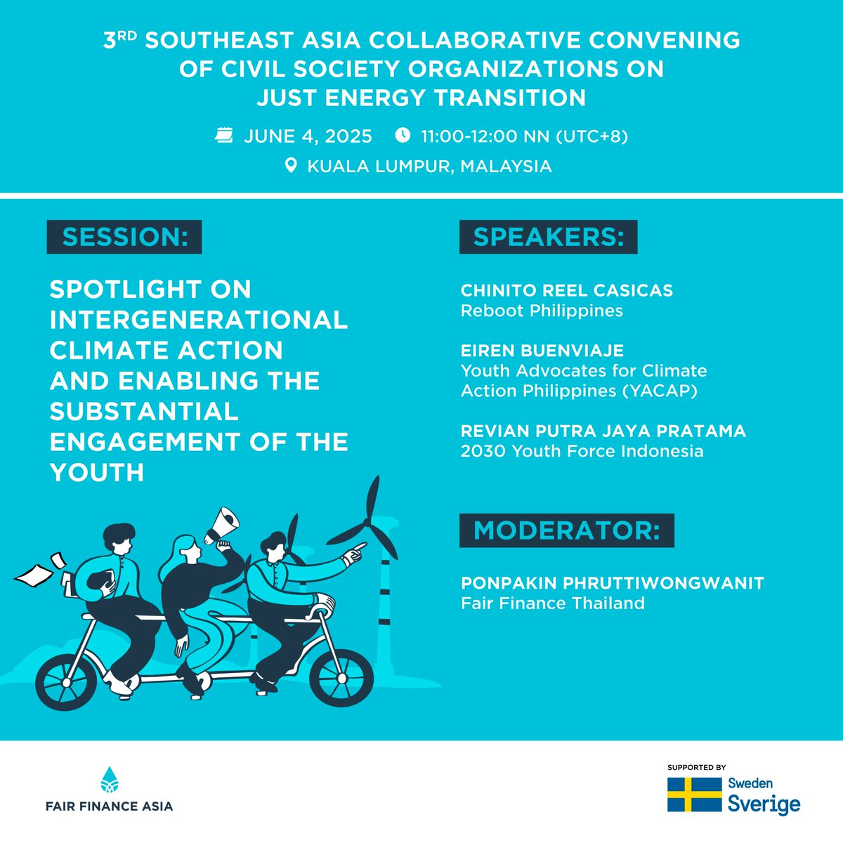 Fair Finance Asia (@fairfinanceasia) on Twitter photo On June 4, FFA will host a session on youth-led climate action. Insights from Reboot Philippines, 2030 Youth Force Indonesia, and <a href="/YACAPhilippines/">🇵đź‡Youth Advocates for Climate Action Philippines</a> on challenges and opportunities for youth engagement in #Asia’s #justenergytransition
More via: bit.ly/43CuOwx On June 4, FFA will host a session on youth-led climate action. Insights from Reboot Philippines, 2030 Youth Force Indonesia, and <a href="/YACAPhilippines/">🇵đź‡Youth Advocates for Climate Action Philippines</a> on challenges and opportunities for youth engagement in #Asia’s #justenergytransition
More via: bit.ly/43CuOwx