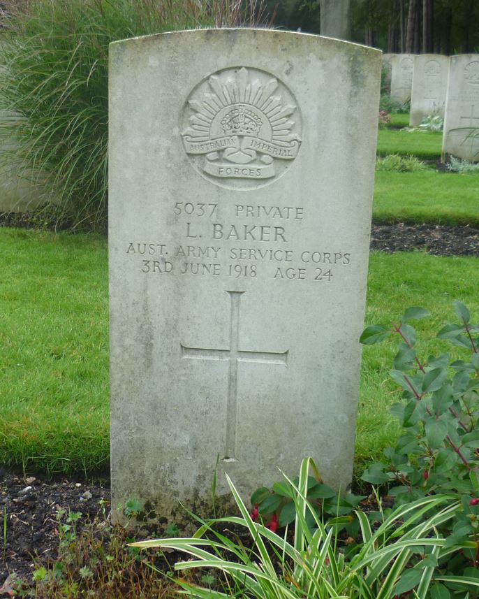 Died on this date -(Aust)Driver Leonard Baker (b. 1893; Sth Melbourne, Victoria) was taken on strength of 1st A.S.C. (Army Service Corps) on 27 Dec 1915 at Mahruh from 12th A.S.C.
On 10 March 1916 he proceeded from Zeitoun to Alexandria. He embarked from Alexandria on