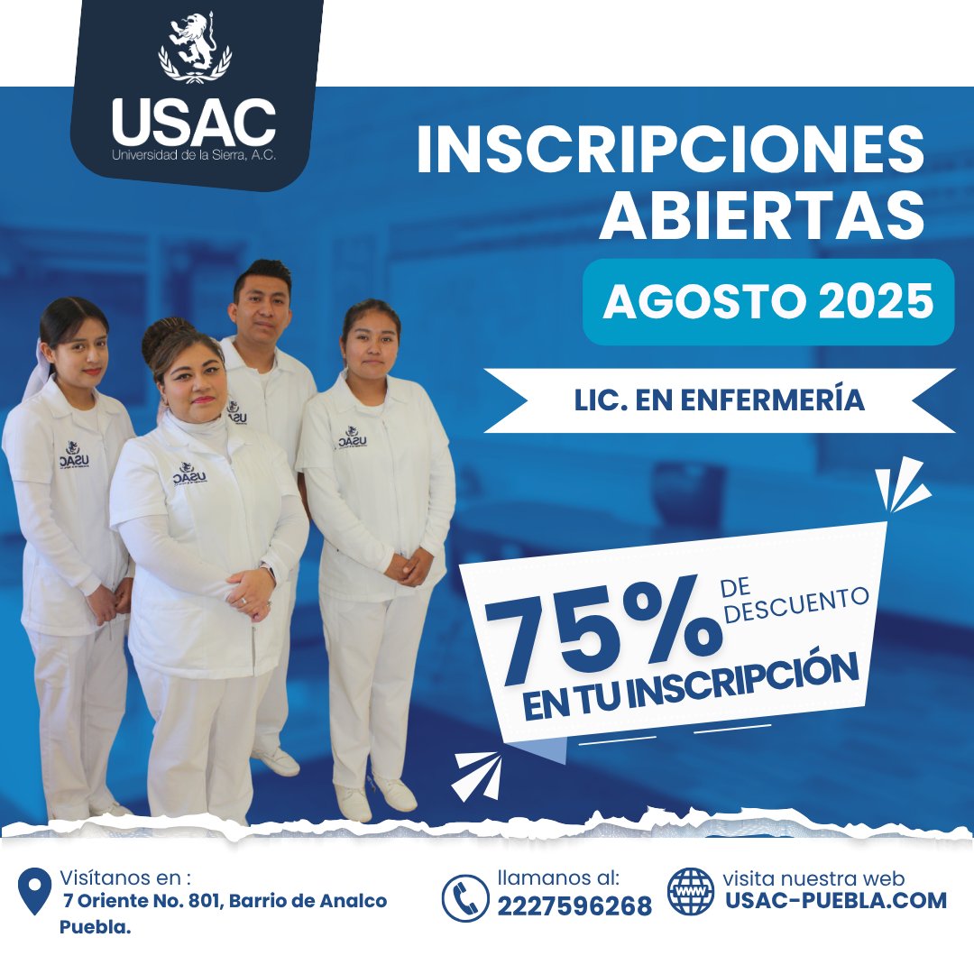 usacedumx's tweet photo. Tu vocación de ayudar puede convertirse en tu profesión. Estudia la
Licenciatura en Enfermería en la USAC y forma parte de quienes marcan la diferencia en la salud y el cuidado humano.
Contáctanos: 222-759-62-68
#EnfermeríaUSAC #AlcanzaTuVocación #InscripcionesAbiertasUSAC https://t.co/L901TCwVe8