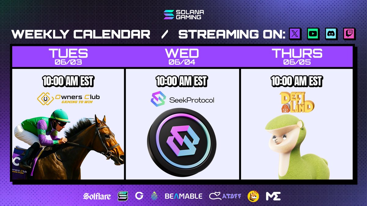 Solana Gaming Stream Calendar 🎮

Tuesday: <a href="/OwnersClubGG/">Owners Club</a>
Wednesday: <a href="/Seekprotocol/">Seek Protocol</a>
Thursday: <a href="/DeFi_Land/">DeFi Land</a>

The streams must flow 🌊
