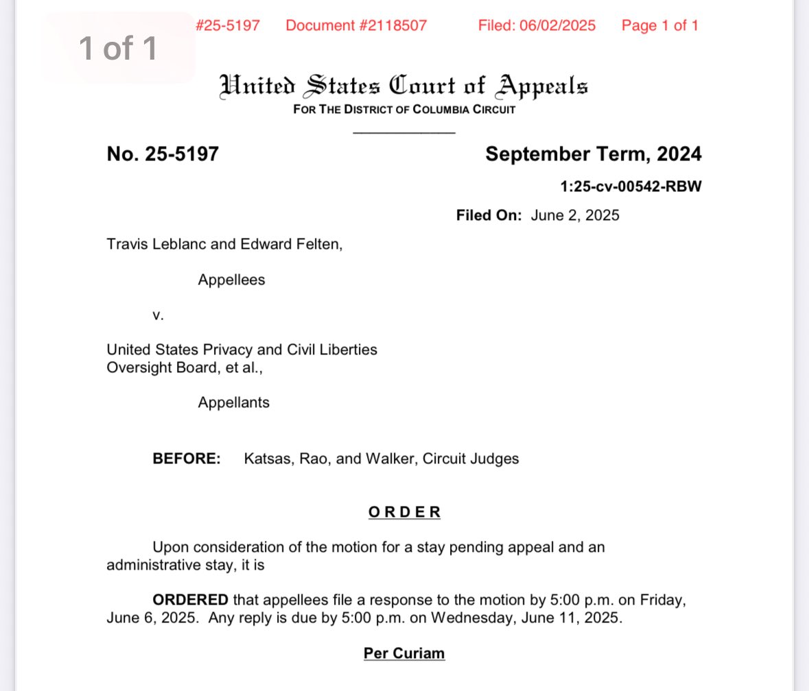 kyledcheney's tweet photo. Trump wins the appeals court lottery in D.C. 

The panel hearing emergency appeals this month appears to be: Rao, Katsas, Walker.

All three are Trump appointees — in fact the only Trump appointees on the DC Circuit.

They are handling one of the key tariff appeals. https://t.co/ilbJ2cSPum