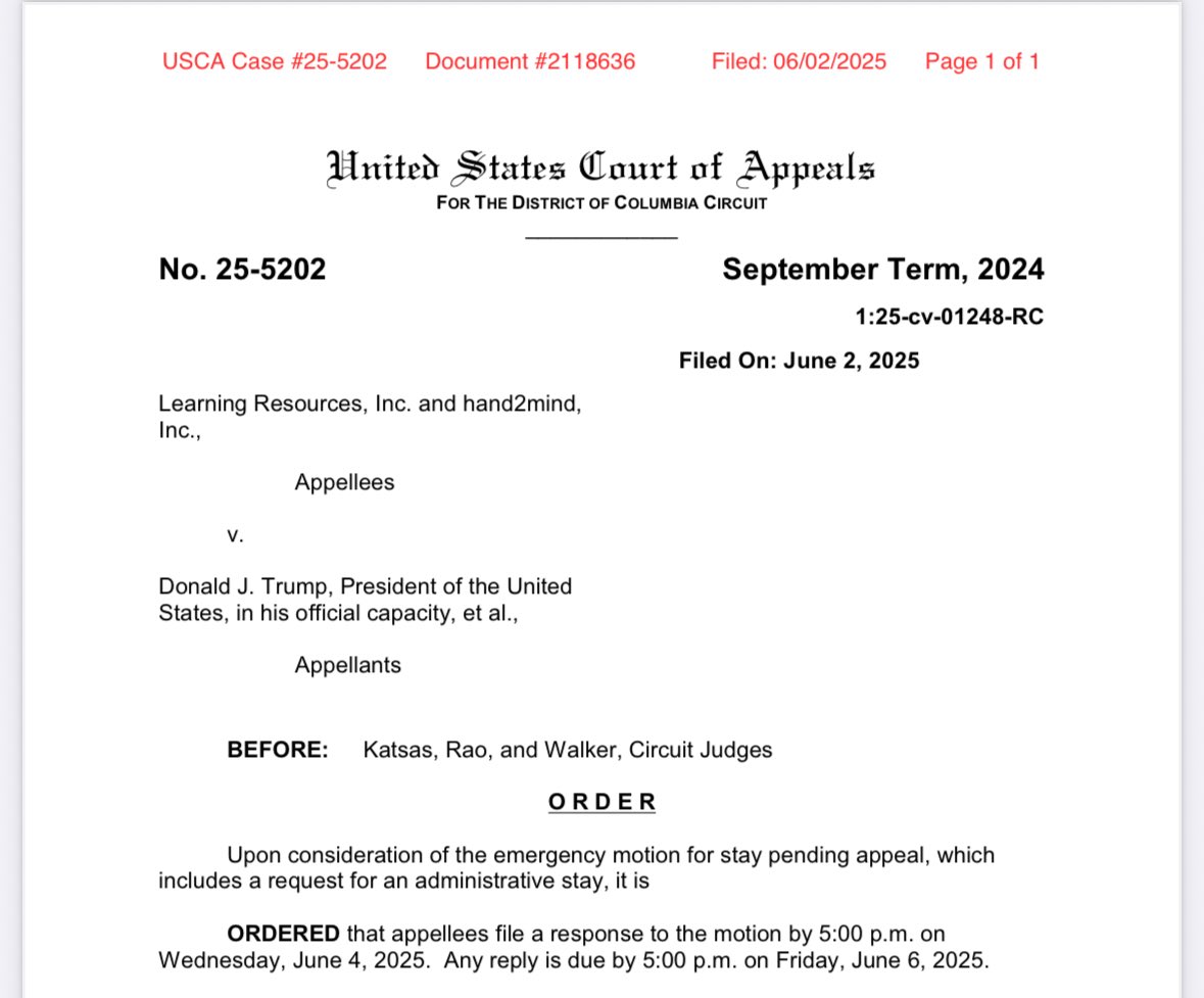 kyledcheney's tweet photo. Trump wins the appeals court lottery in D.C. 

The panel hearing emergency appeals this month appears to be: Rao, Katsas, Walker.

All three are Trump appointees — in fact the only Trump appointees on the DC Circuit.

They are handling one of the key tariff appeals. https://t.co/ilbJ2cSPum