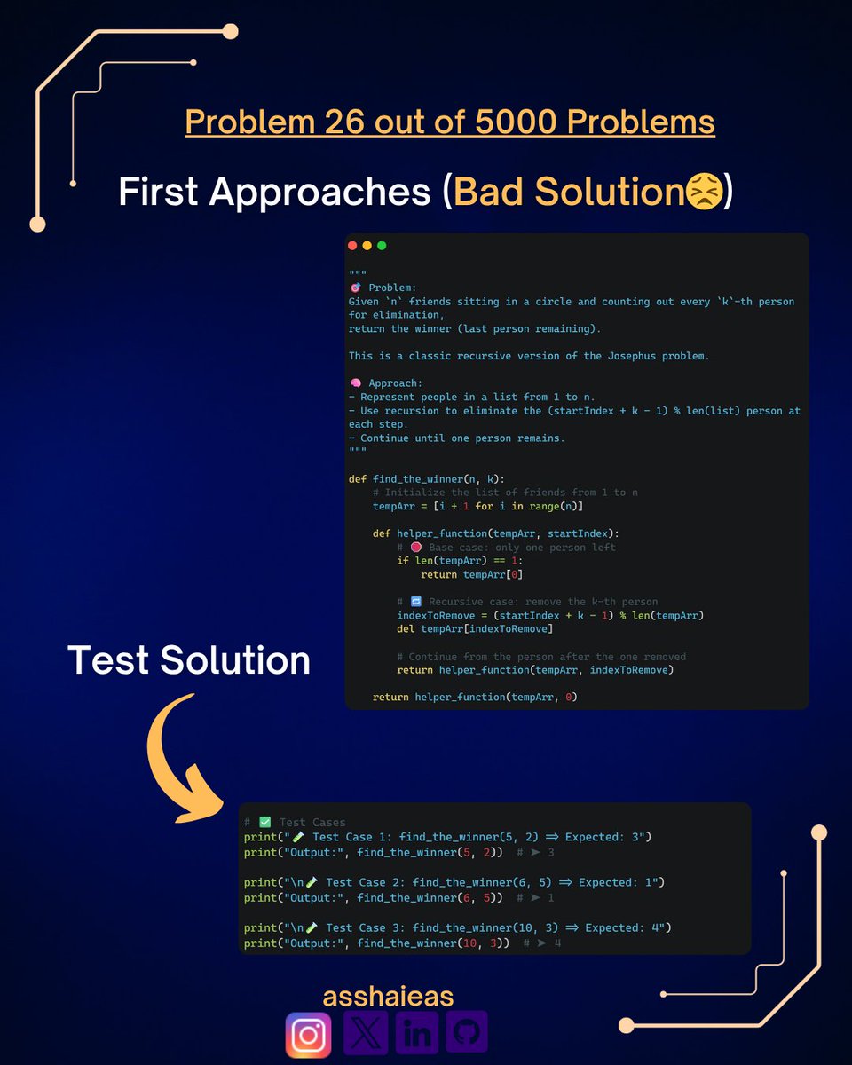 mlaiengineer's tweet image. 🤓 Second approach (Best)

Used Josephus recurrence:
 f(i) = (f(i-1) + k) % i
Start from f(1) = 0, return f(n) + 1 for 1-based indexing.
📈 Time: O(n)
📦 Space: O(1)
#LeetCode #JosephusProblem #Python #asshaieas