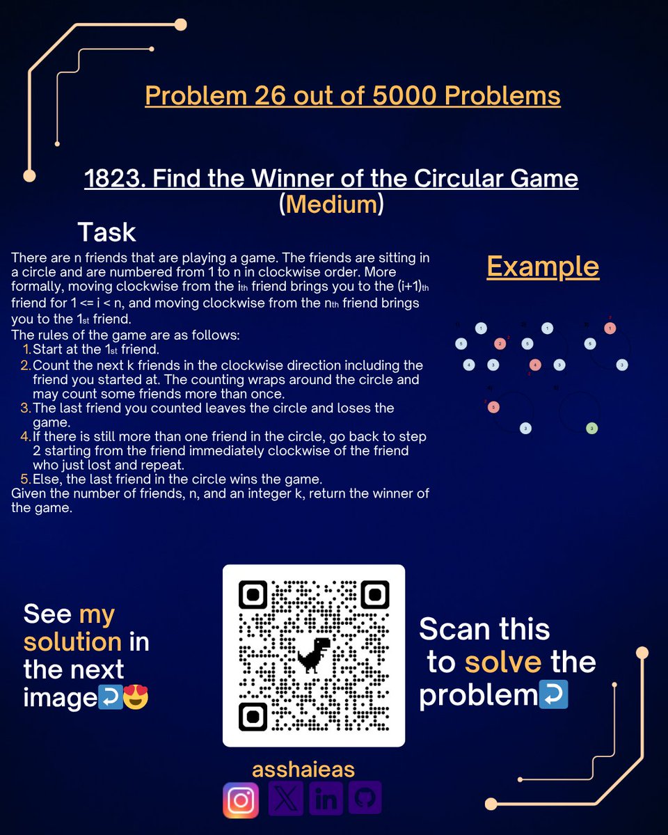 mlaiengineer's tweet image. 🤓 Second approach (Best)

Used Josephus recurrence:
 f(i) = (f(i-1) + k) % i
Start from f(1) = 0, return f(n) + 1 for 1-based indexing.
📈 Time: O(n)
📦 Space: O(1)
#LeetCode #JosephusProblem #Python #asshaieas