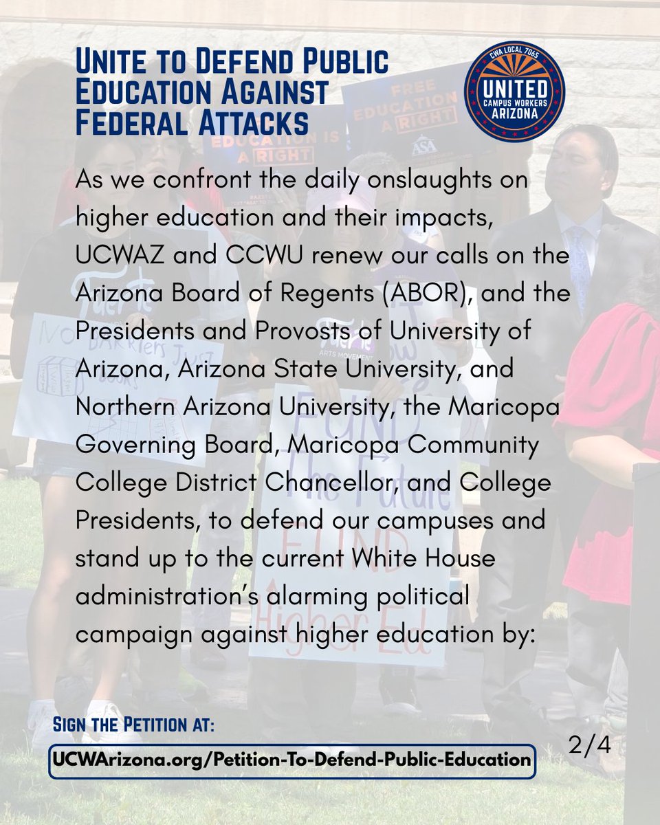UCWArizona's tweet photo. Introducing our campaign to Unite to Defend Public Education Against Federal Attacks.
You can learn more and sign our petition at https://t.co/2hcCM3bIdw, or at the link in bio.
#TogetherWeAreStronger #Unite2Defend #U2D https://t.co/58yA4eltyZ