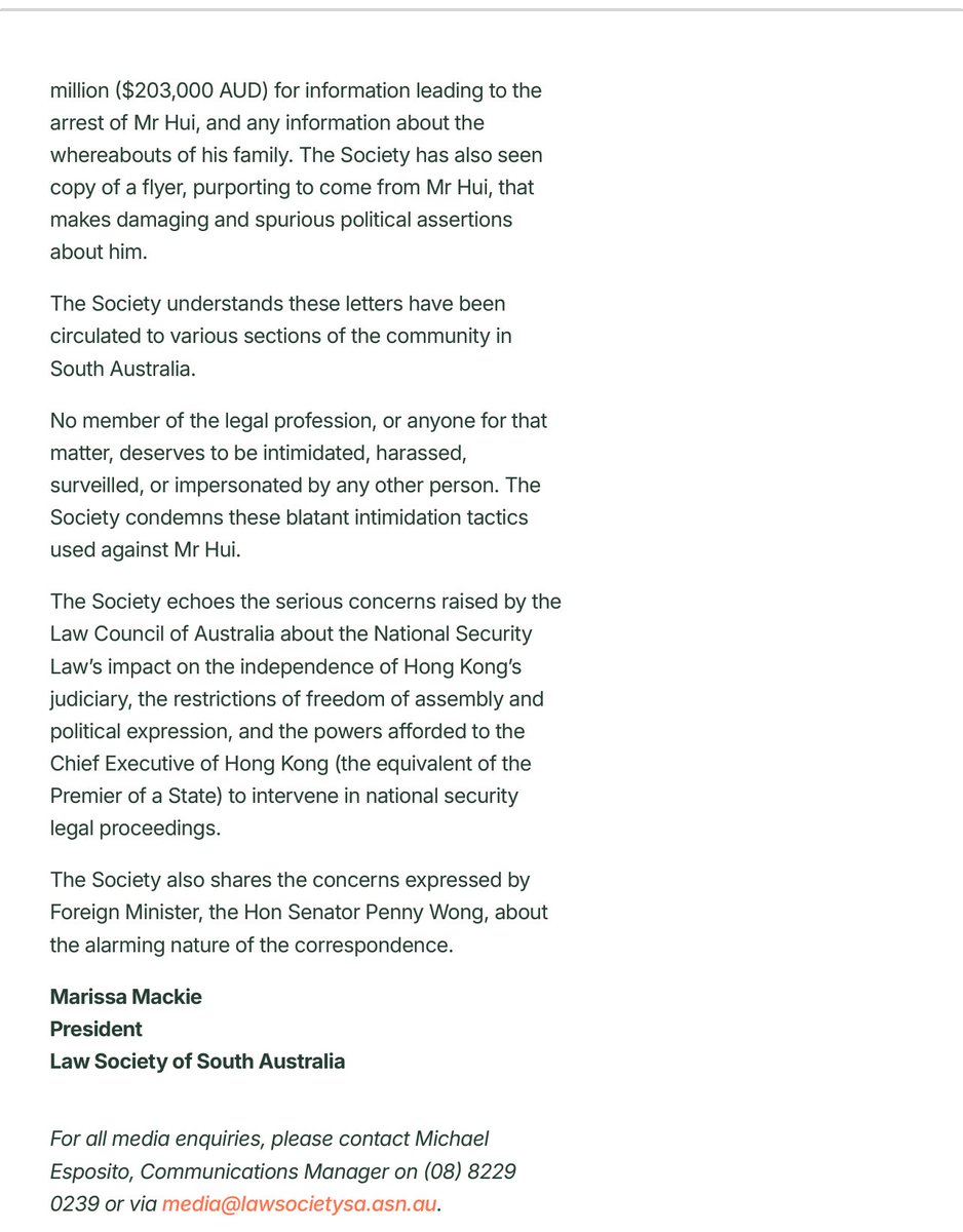 Kevin Yam 任建峰 (@kevinkfyam) on Twitter photo The Law Society of South Australia has spoken out against attempts to intimidate lawyer <a href="/tedhuichifung/">Ted Hui (Chi-fung Hui)</a>, which coincides with Hong Kong’s ruthless authoritarian turn in recent years. I’m not holding my breath for the Law Society of Hong Kong to speak out in my defence. The Law Society of South Australia has spoken out against attempts to intimidate lawyer <a href="/tedhuichifung/">Ted Hui (Chi-fung Hui)</a>, which coincides with Hong Kong’s ruthless authoritarian turn in recent years. I’m not holding my breath for the Law Society of Hong Kong to speak out in my defence.