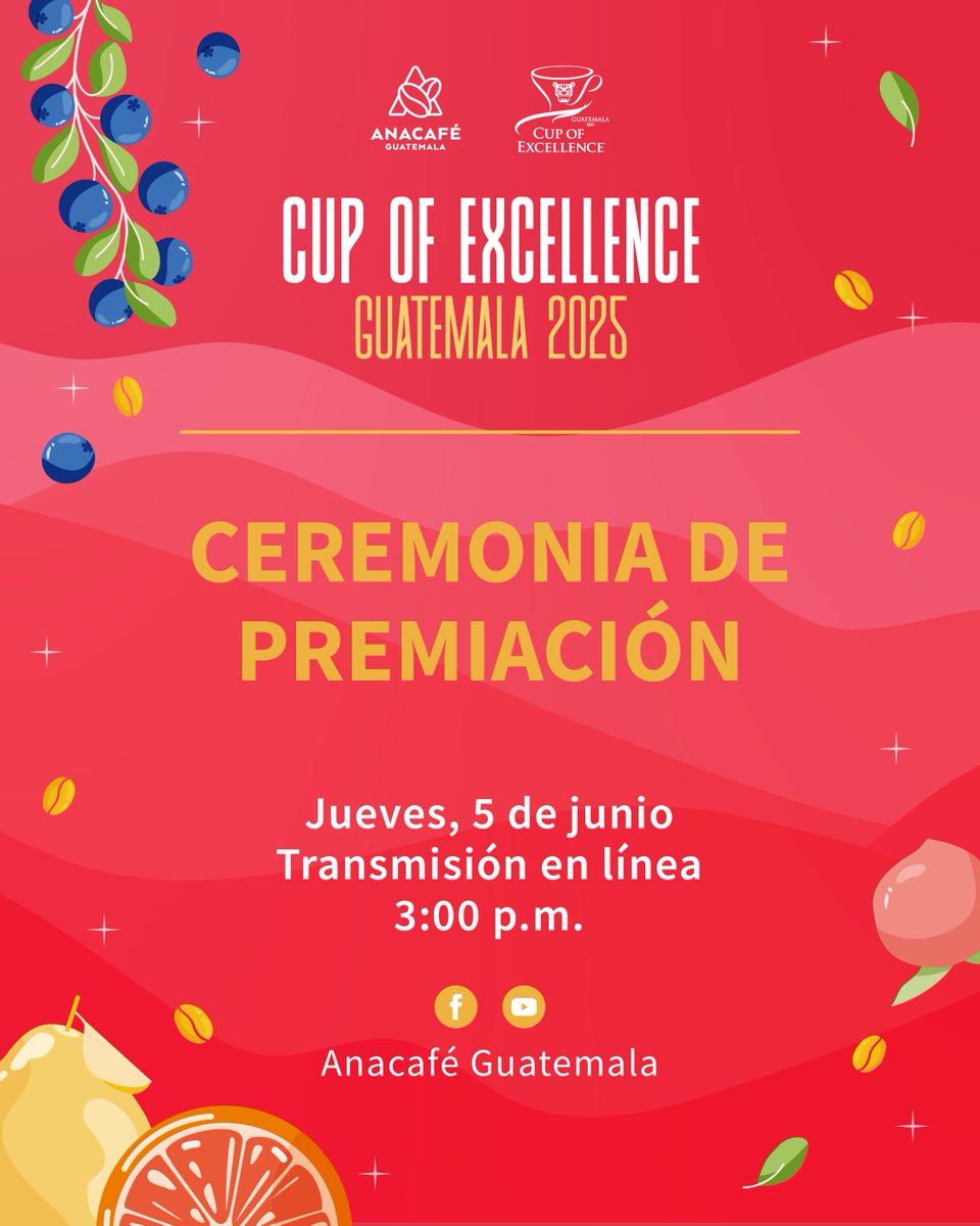 Estimado productor:

Le invitamos seguir la transmisión en línea de la entrega de resultados del programa Cup of Excellence Guatemala 2025, en donde se darán a conocer los cafés que participarán en la subasta electrónica.

📅 Jueves, 5 de junio
🕙 3:00 p.m.

✅ Transmisión en