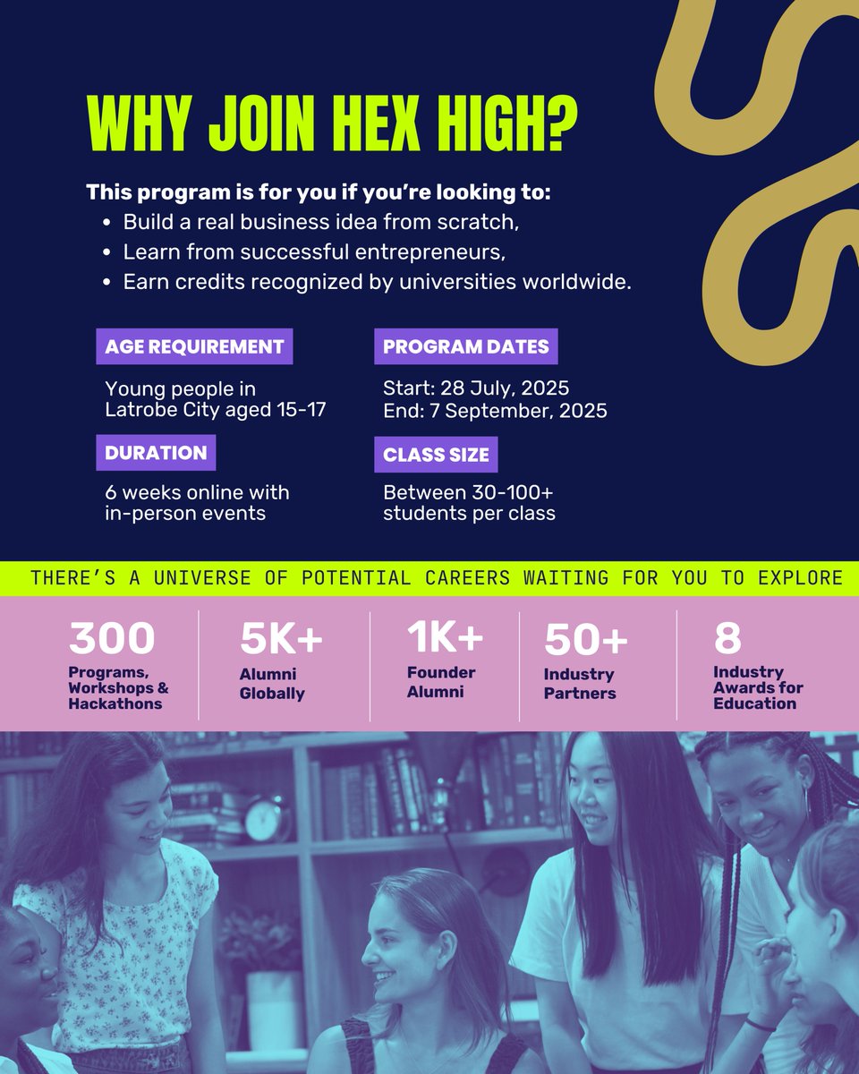 🚀 Dream big, start now!

Are you aged 15–17 and living in Latrobe City? Get ready to launch your future with the HEX High Accelerator – a six-week online adventure where innovation meets real-world skills.

👉 Spots are limited – don't miss out! 
 
startwithhex.com/program/hex-hi…