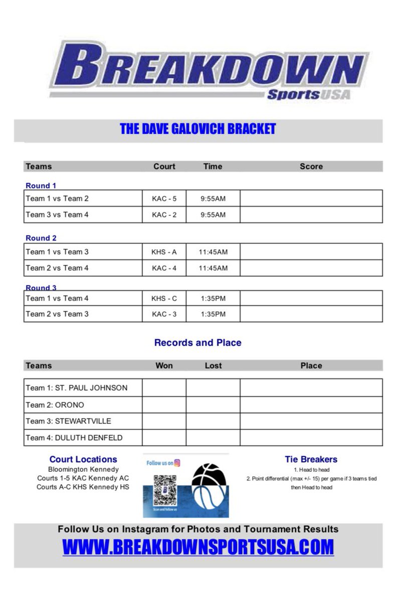 Breakdown Summer Invitational is June 8!

DAVE GALOVICH BRACKET TEAMS

St. Paul Johnson
Orono
Stewartville
Duluth Denfeld