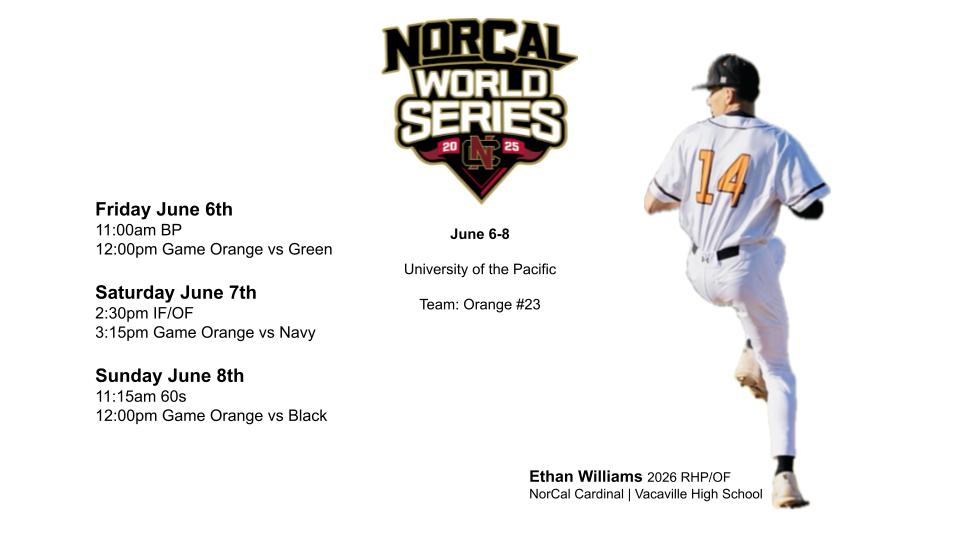 Ethan Williams (@ethan117635) on Twitter photo Excited for this weekend playing at the NorCal World Series. Here is my schedule. Looking forward to a good weekend.<a href="/NorCalU1/">NorCalU</a> <a href="/NorCalBaseball/">Tony Crivello</a> <a href="/NCWorldSeries/">Anthony Crivello</a> <a href="/DialloFon/">Diallo Fon</a> <a href="/VacaHiBaseball/">Vaca High Baseball</a> Excited for this weekend playing at the NorCal World Series. Here is my schedule. Looking forward to a good weekend.<a href="/NorCalU1/">NorCalU</a> <a href="/NorCalBaseball/">Tony Crivello</a> <a href="/NCWorldSeries/">Anthony Crivello</a> <a href="/DialloFon/">Diallo Fon</a> <a href="/VacaHiBaseball/">Vaca High Baseball</a>