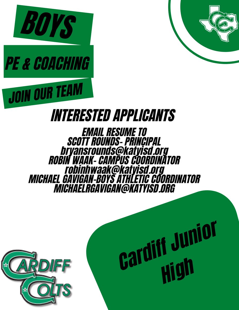 <a href="/CardiffColts/">Cardiff Junior High</a> <a href="/katyisd_hr/">Katy ISD Human Resources Department</a> <a href="/THSCAcoaches/">THSCA</a>