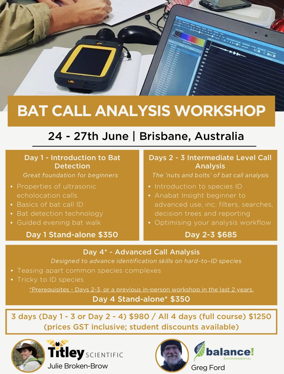 🦇Reshare
Titley Scientific will be running a bat call analysis workshop in Brisbane at the end of June. There are options to attend 1 to 4 days, designed for all skill levels.
More information and registrations here-
form.jotform.com/250267310141847
#ausbats #bats