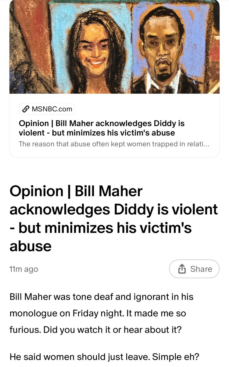 My Two Cents on Bill Maher stating he believes  women can just leave coercive controllers and domestic abusers. 

Cassie did - and we all saw what Combs did to her. 

Also 4-5 women are murdered every day by male domestic abuser in America, many when they separated.

I share more