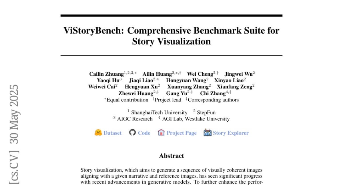 AINativeF's tweet photo. 7. ViStoryBench: Comprehensive Benchmark Suite for Story Visualization

🔑 Keywords: story visualization, generative models, evaluation benchmark, ViStoryBench, character consistency

💡 Category: Generative Models

🌟 Research Objective: The paper aims to improve the performance of story visualization frameworks by proposing a novel evaluation benchmark that assesses models across diverse story types and artistic styles.

🛠️ Research Methods: The study introduces ViStoryBench, which features a carefully curated dataset that evaluates models on various narrative structures, visual aesthetics, and different plot types, ensuring comprehensive comparisons through a wide range of evaluation metrics.

💬 Research Conclusions: The framework allows researchers to identify the strengths and weaknesses of different models, particularly in maintaining character consistency, handling complex plots, and generating accurate visuals, thus fostering targeted improvements in the field of story visualization.

👉 Paper link: https://t.co/Zwh4edvsh7