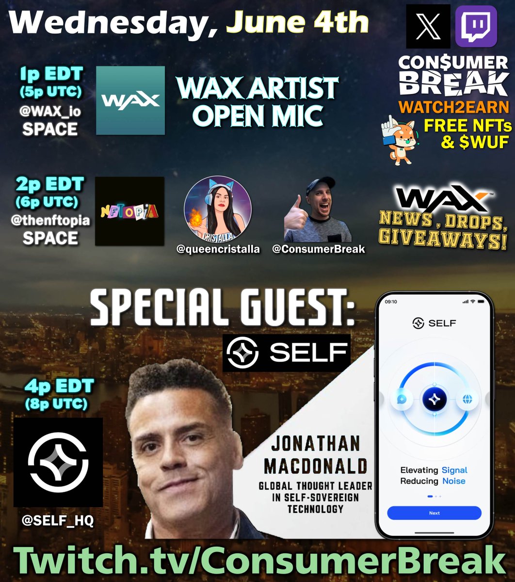 🎉Join our epic Wednesday show! 
Featuring <a href="/WAX_io/">WAX</a> artists, news, giveaways, and SPECIAL GUEST <a href="/SELF_HQ/">SELF</a>! 

🗓️Wednesday, June 4
📍Set reminder: x.com/i/spaces/1mnGe…

👋OPEN FLOOR - all creators are welcome to introduce yourself and pitch your project!

🌟NFTOPIA 5 Metaverse