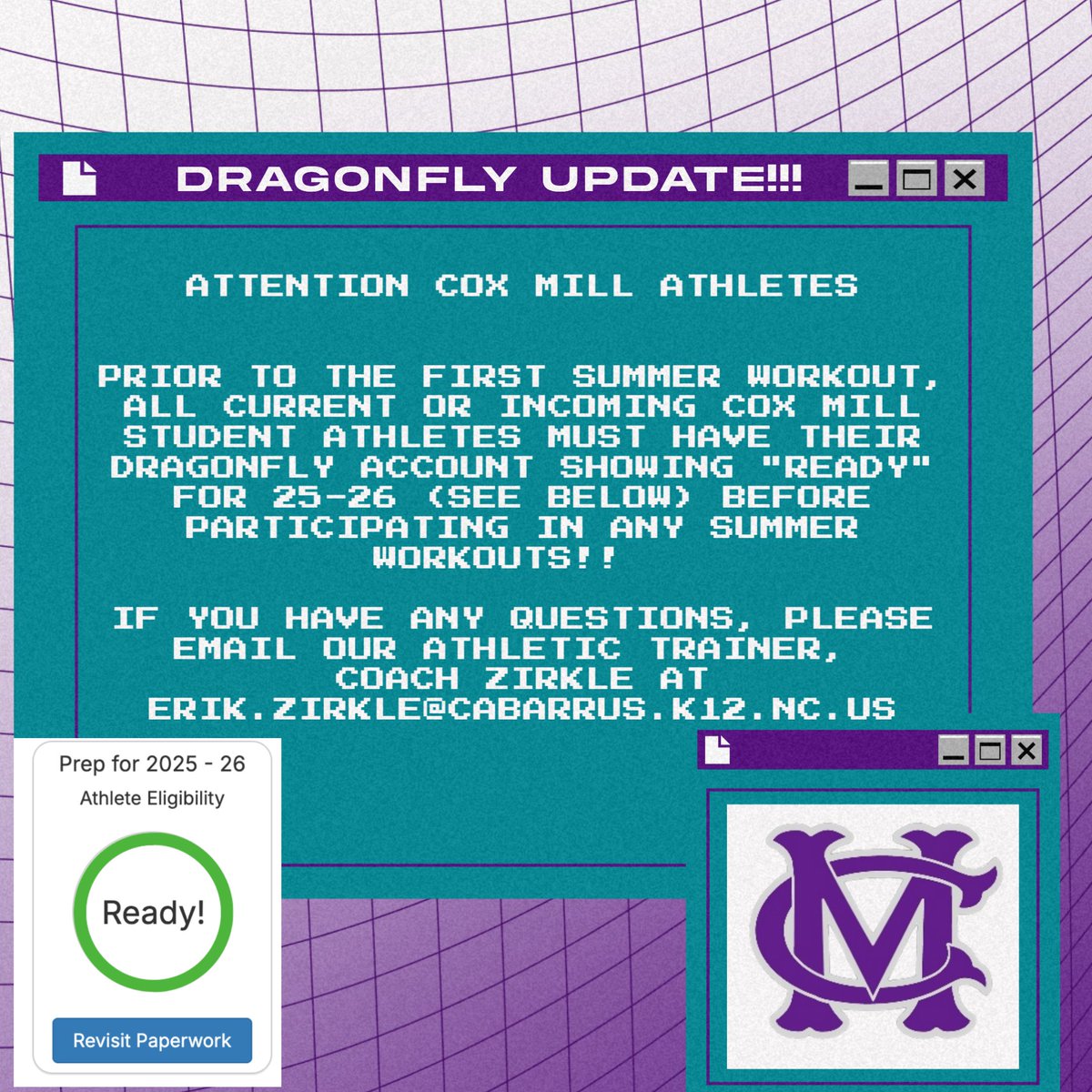 Attention Cox Mill Student Athletes!!

Dragonfly is REQUIRED to be at 100% and "READY" (see bottom left picture on graphic) before you can participate in any summer workout! 

Thank you!