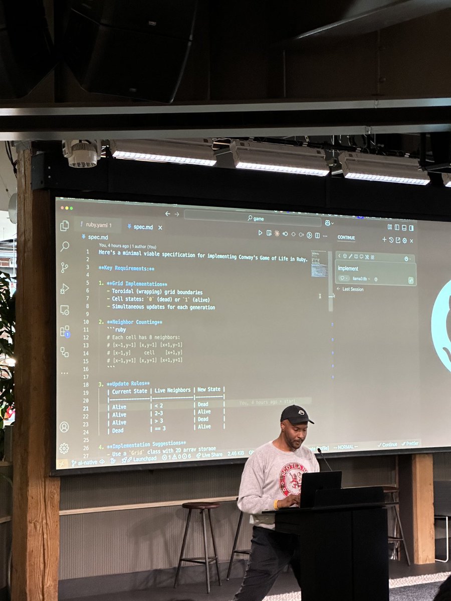 awakenjake's tweet image. ⁦@bdougieYO⁩ demoing spec-driven dev demo at AI Native Dev SF meetup. #specflow