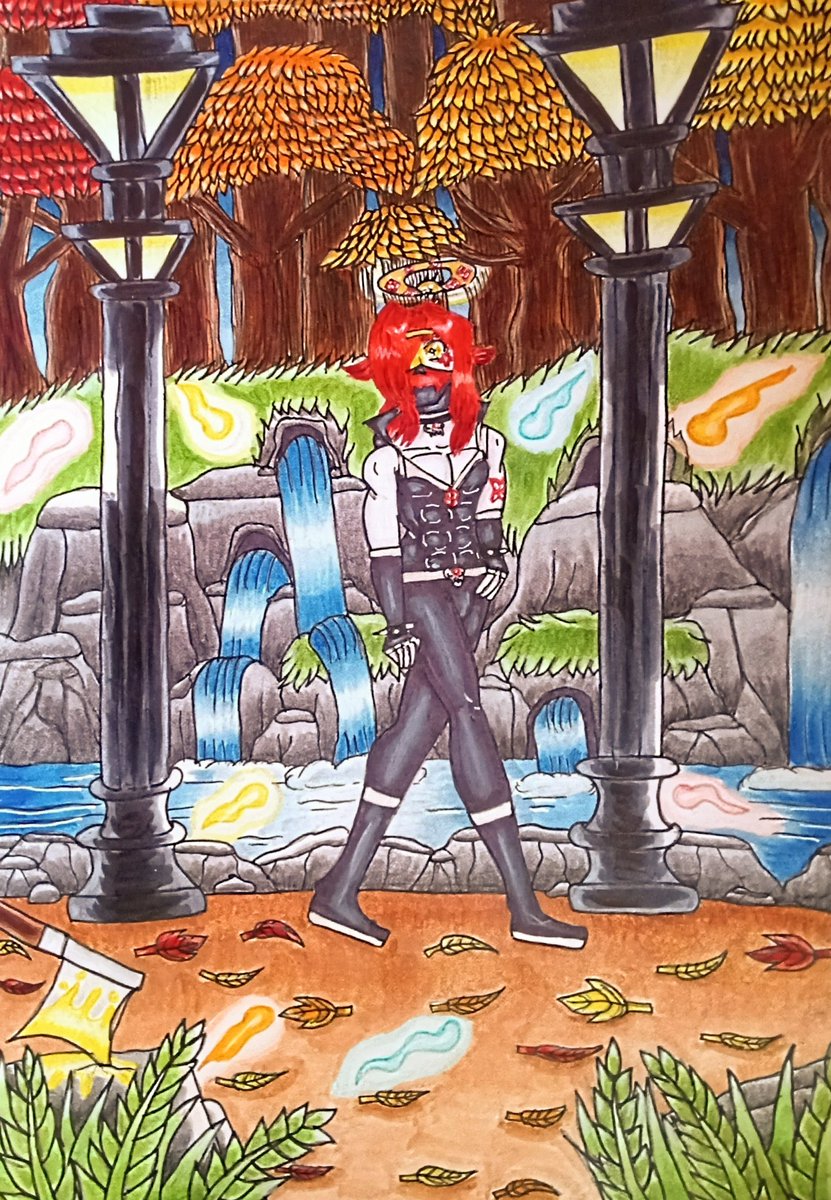 Studio_Reaper's tweet image. #angel #reaper #forest #autumn #horror #surrealism #copic #originalcharacterart 
  Upon surviving the failed lobotomy via axe, Erebus uses the divine light to heal the wound as he wobbles around these charming yet wicked woods. For some reason it smells like vanilla. 
- Erebus 💀