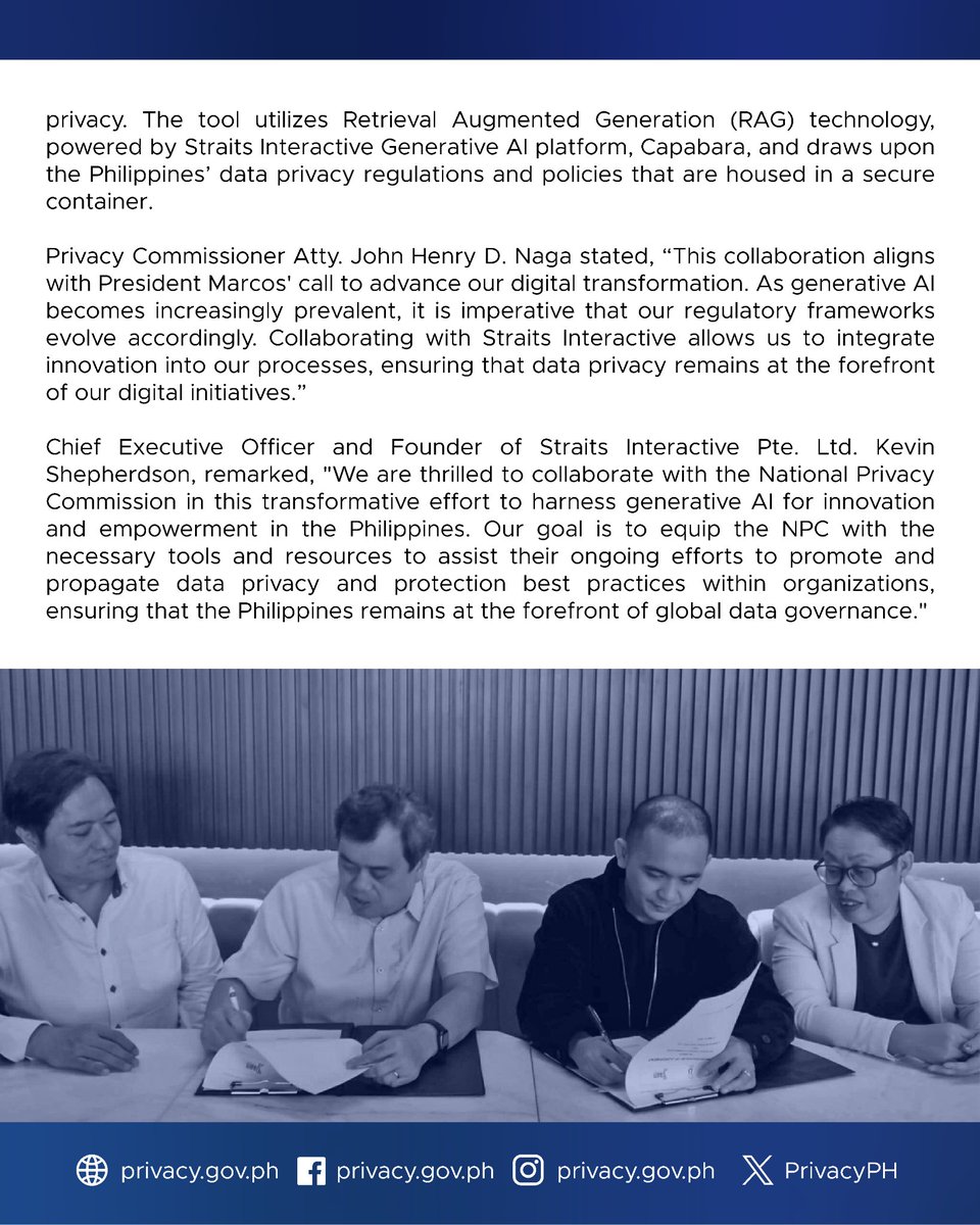 PRESS RELEASE

NPC, Straits Interactive Pte. Ltd. collaborate to enhance data privacy 
initiatives with generative AI

Read more below or on our website: privacy.gov.ph/npc-straits-in…

#PrivacyPH