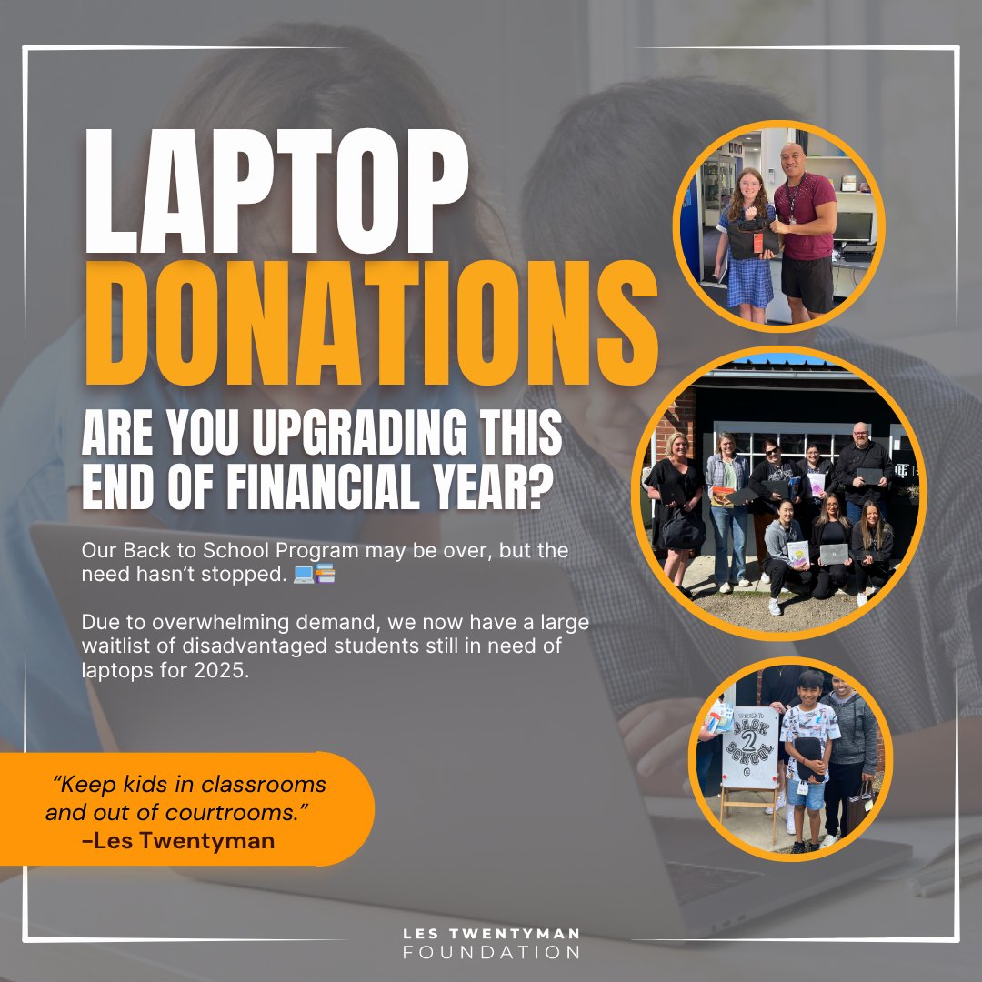LT_Foundation's tweet image. Are you upgrading your tech this EOFY? Help a student in need thrive instead of tossing it! You could be the reason a student in need can stay connected and succeed.
Email: backtoschool@ltfoundation.com.au
#EOFYGiving #DonateLaptops 
ltfoundation.com.au/our-services/b…