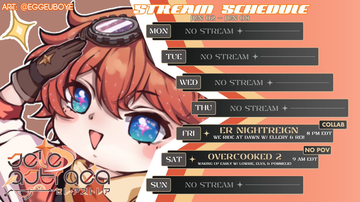 Sele Astraea 🚀🚀🚀🚀 AstraLog (@seleastraea) on Twitter photo 🚀 NEW WEEK, NEW SCHEDULE! 🚀
I'm still recovering from being sick, but there will be some fun streams this week! We have some ER Nightreign with the pros <a href="/ElleryVtuber/">Ellery | Vtuber | 🌠Dimension Hopping adventurer🌠</a> and <a href="/ReiAoZora_EN/">Rei 冷 || Snow Lynx Vtuber || Pre-Born❄️🐱</a>!! And then some Overcooked 2 in the morning with <a href="/lowrie4152/">LowrieVT 🐸 🗡️ | Frog-themed Rogue Pngtuber</a>, <a href="/MoonElvaVT/">MoonElva🌙💤</a>, and <a href="/Pommelie_/">Pommelie ~ 🚀📺</a> ! 🚀 NEW WEEK, NEW SCHEDULE! 🚀
I'm still recovering from being sick, but there will be some fun streams this week! We have some ER Nightreign with the pros <a href="/ElleryVtuber/">Ellery | Vtuber | 🌠Dimension Hopping adventurer🌠</a> and <a href="/ReiAoZora_EN/">Rei 冷 || Snow Lynx Vtuber || Pre-Born❄️🐱</a>!! And then some Overcooked 2 in the morning with <a href="/lowrie4152/">LowrieVT 🐸 🗡️ | Frog-themed Rogue Pngtuber</a>, <a href="/MoonElvaVT/">MoonElva🌙💤</a>, and <a href="/Pommelie_/">Pommelie ~ 🚀📺</a> !