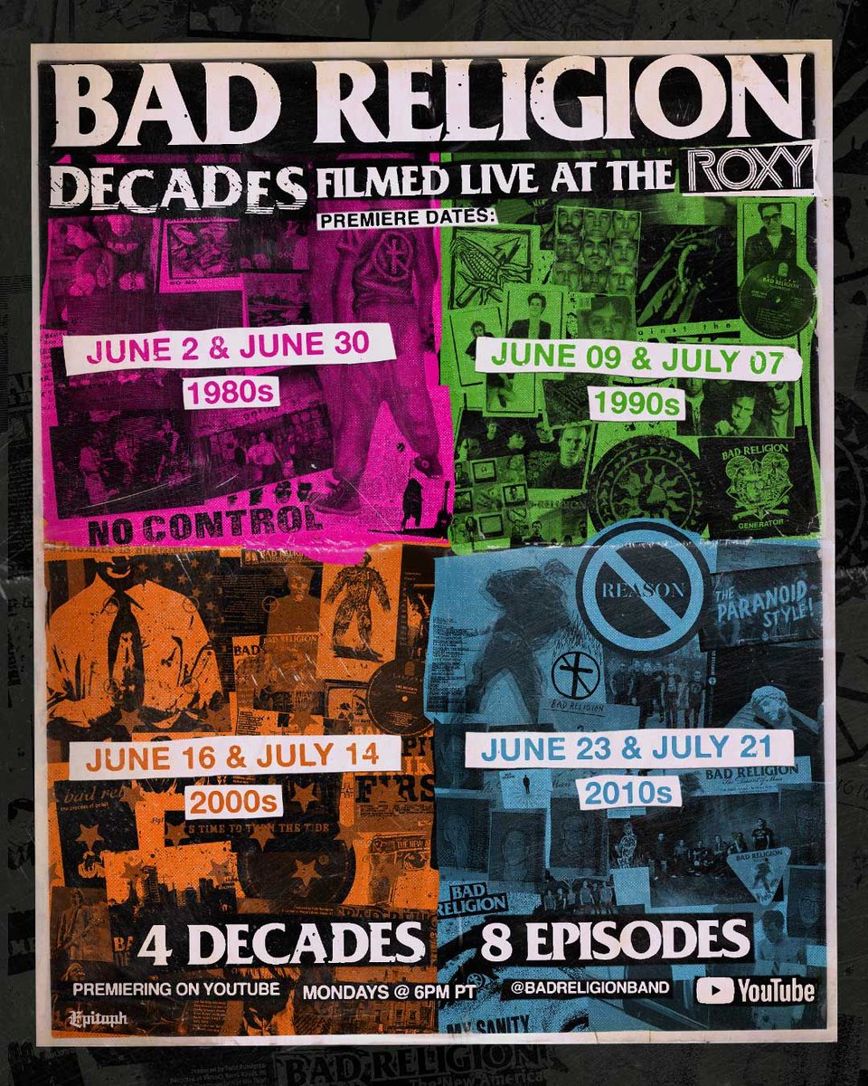 Epitaph Records (@epitaphrecords) on Twitter photo By popular demand 🫡 Bad Religion: Decades
Seasons 1 & 2 are finally coming to YouTube - for free on the <a href="/badreligion/">Bad Religion</a> channel!
4 decades. 8 Episodes.
Premiering every Monday at 6PM PT
Season 1, Episode 1 is live now: badreligion.ffm.to/decades By popular demand 🫡 Bad Religion: Decades
Seasons 1 & 2 are finally coming to YouTube - for free on the <a href="/badreligion/">Bad Religion</a> channel!
4 decades. 8 Episodes.
Premiering every Monday at 6PM PT
Season 1, Episode 1 is live now: badreligion.ffm.to/decades