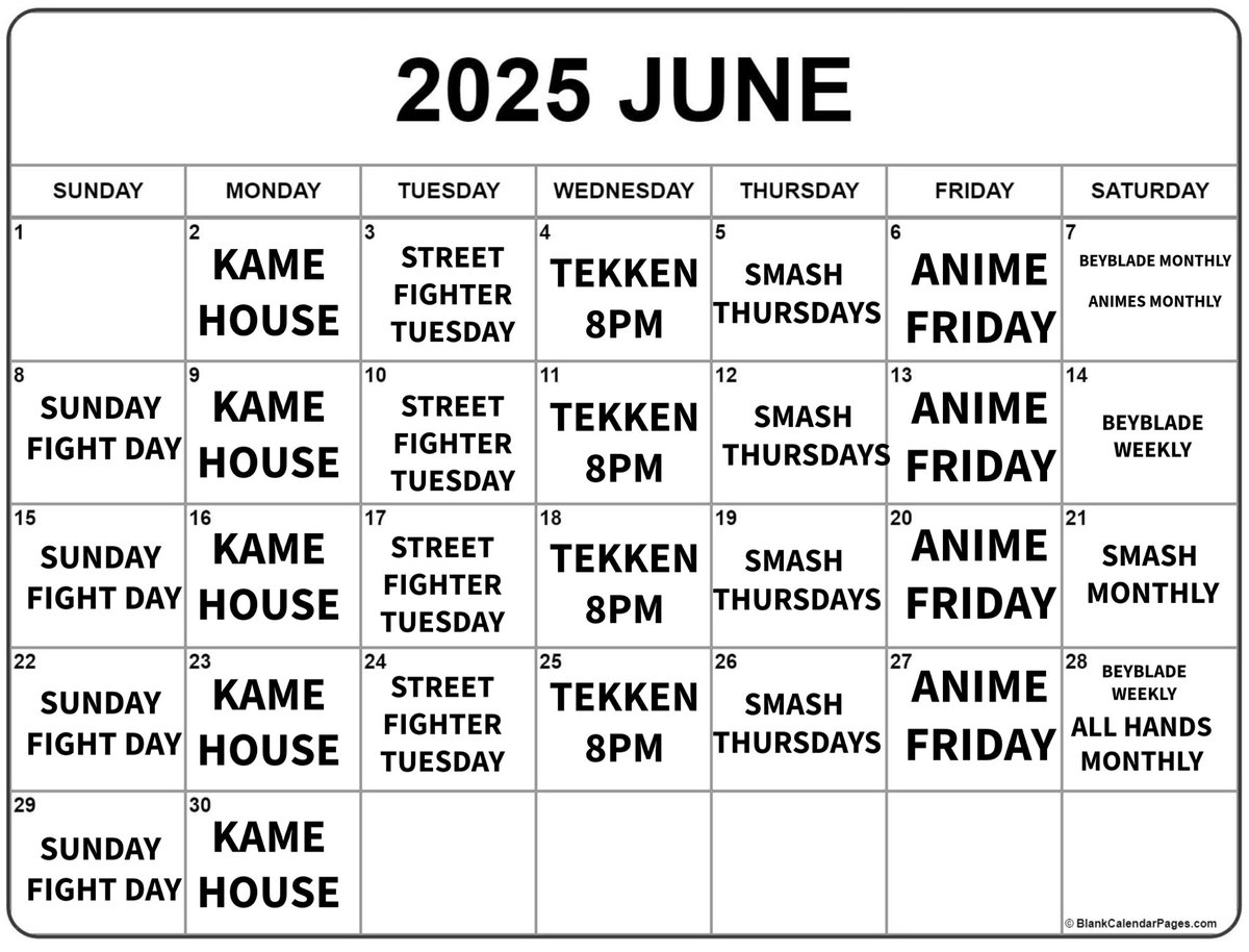 The calendar is up for this MONTH!

Beyblade will become a weekly event!

Fatal Fury will now be apart of the All Hands Monthly starting at 3pm!

Good Luck to everyone Going to CEO!