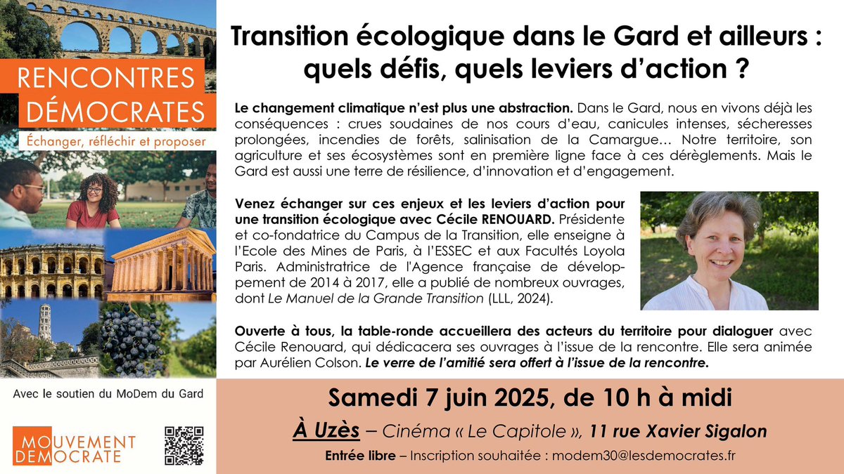 MoDem_Gard's tweet image. Climat et transition écologique dans le Gard et ailleurs : venez échanger avec Cécile Renouard, présidente du Campus de la Transition, professeure à l’Ecole des Mines. 

Uzès, 7 juin de 10 h midi ⤵️