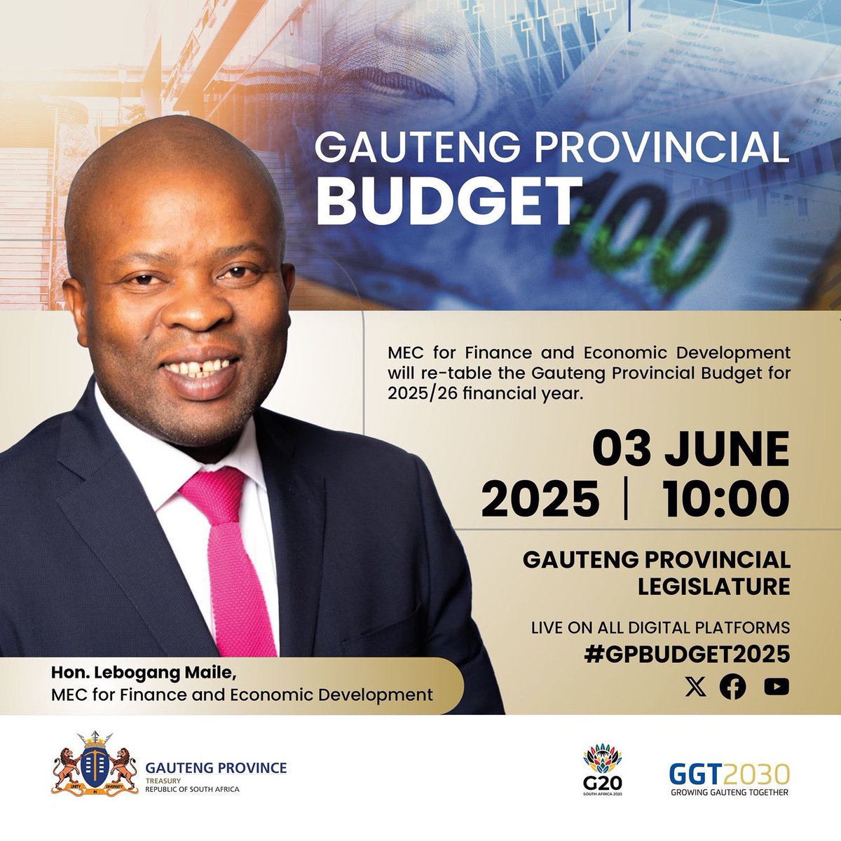 We will today, 03 June 2025, re-table the Gauteng Provincial Budget at the Gauteng Provincial Legislature.

Live broadcasts will be carried across our digital media platforms.

#GPBudget2025 🇿🇦