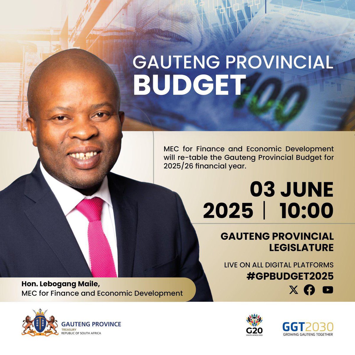 #GPBudget2025 | <a href="/GautengTreasury/">Gauteng Treasury</a> MEC <a href="/LebogangMaile1/">Lebogang Maile</a>, will today, 03 June 2025, re-table the Gauteng Provincial Budget at the Gauteng Provincial Legislature.

Live broadcasts will be carried across our digital media platforms. #GrowingGautengTogether