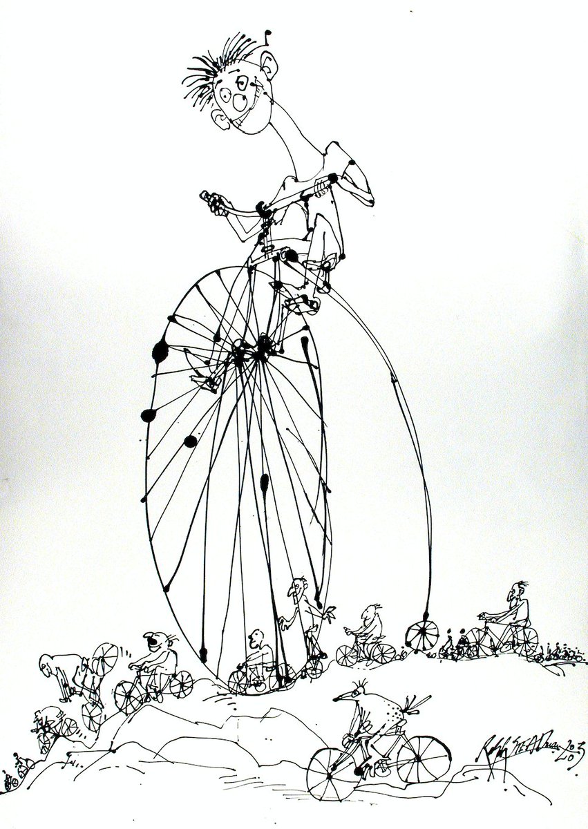 Bicycles—rubber-wheeled rebellion, pedalled by madmen chasing wind and freedom. Chains rattle like laughter, tires hum with escape. No engine, no mercy—just legs, lungs, and lunacy. 

#WorldBicycleDay #RalphSteadman #Illustration