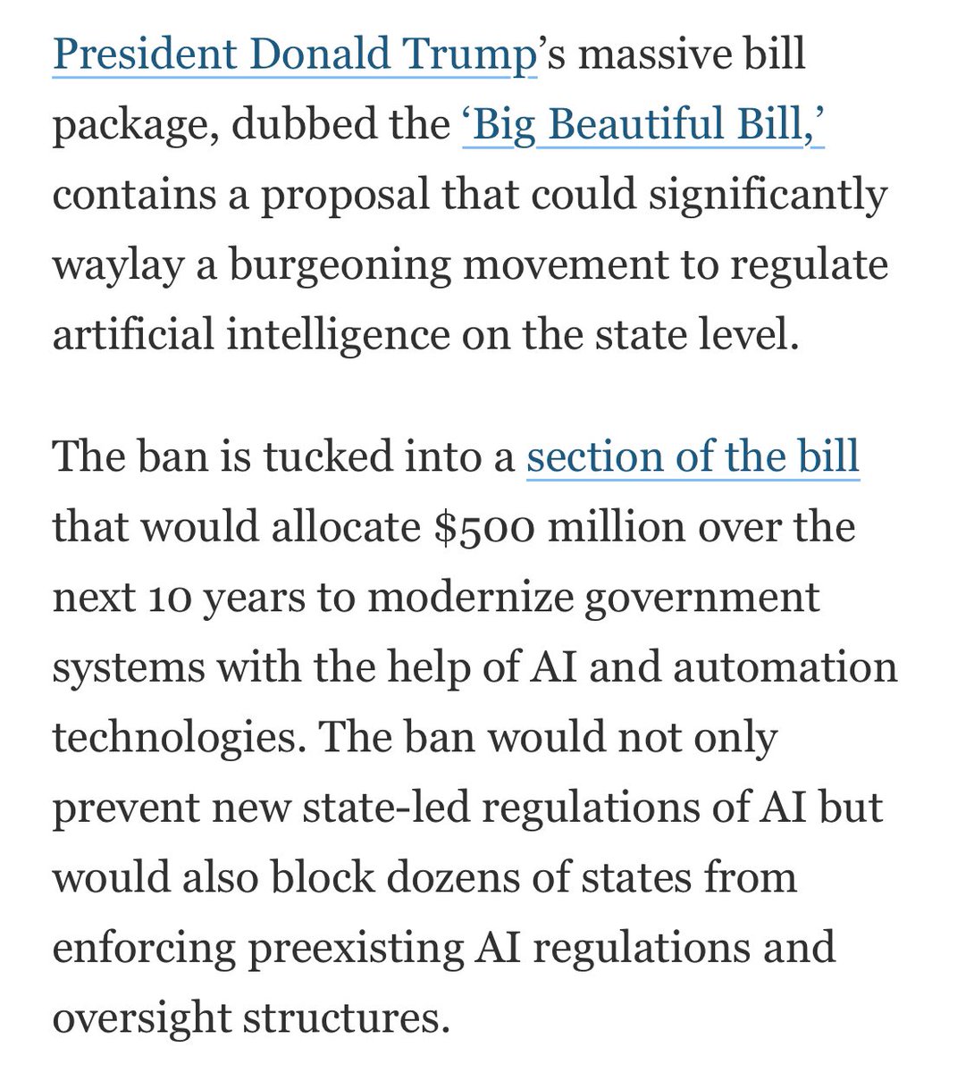 This is really so indefensibly evil. Just giving the worst people free rein to develop the most dangerous instruments of power and control in existence, not only blocking states from regulating AI but preventing them from enforcing existing measures—all brought to you by a right