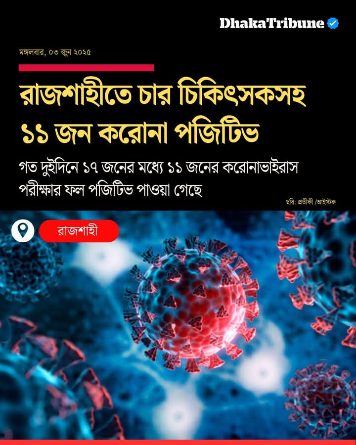 রাজশাহীতে করোনাভাইরাসের সংক্রমণ দেখা দিয়েছে। গত দুইদিনে ১১ জন করোনা পজিটিভ হওয়া খবর পাওয়া গেছে। যার মধ্যে চারজন চিকিৎসক রয়েছেন।

বিস্তারিত কমেন্টে ...👇

#Covid19 #Rajshahi #HealthcareCrisis #MedicalCollege #BangladeshNews #DhakaTribune